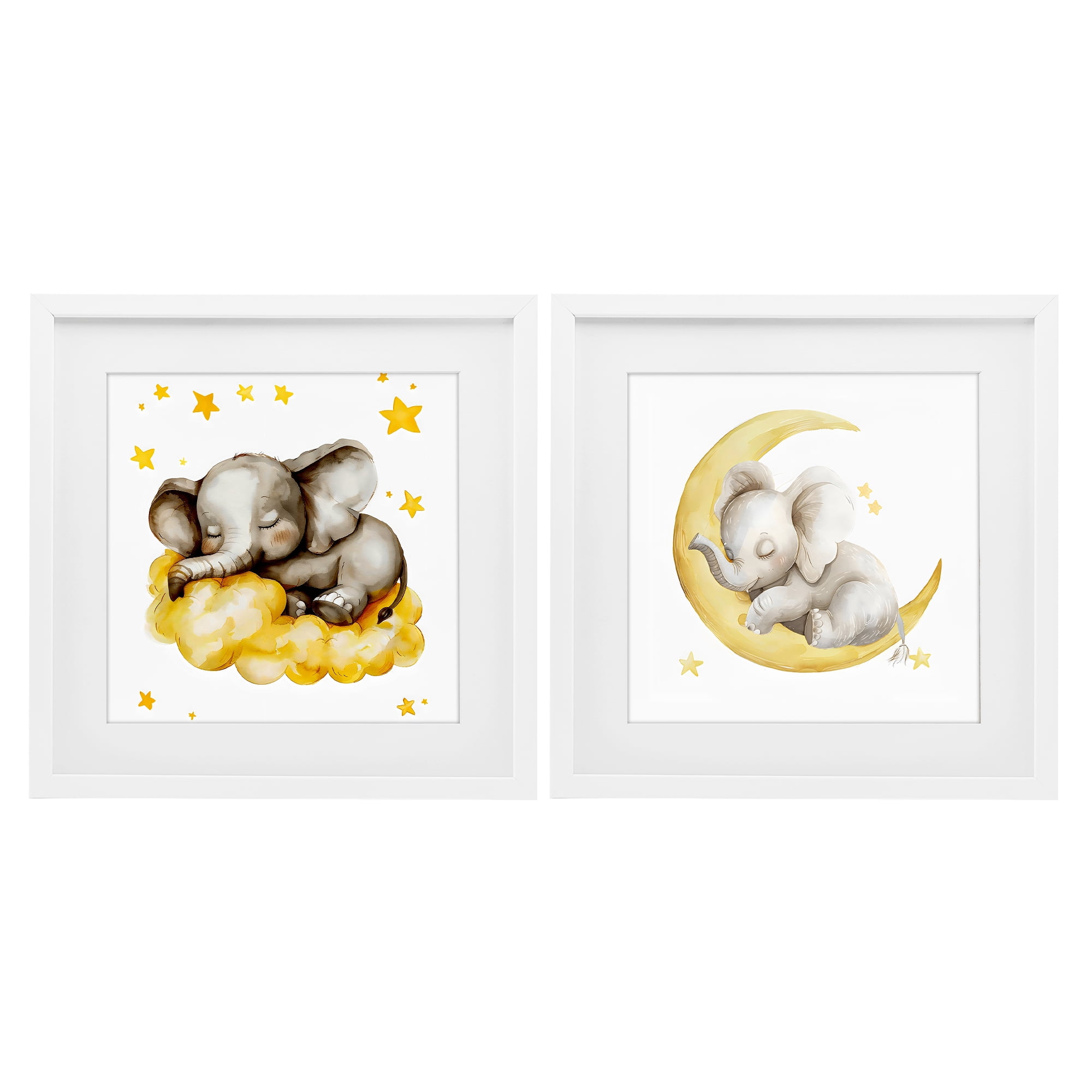 Stupell Industries Sleeping Elephant Moon and Clouds 2 Piece White Framed Print Under Glass Set, design by LSR Design Studio