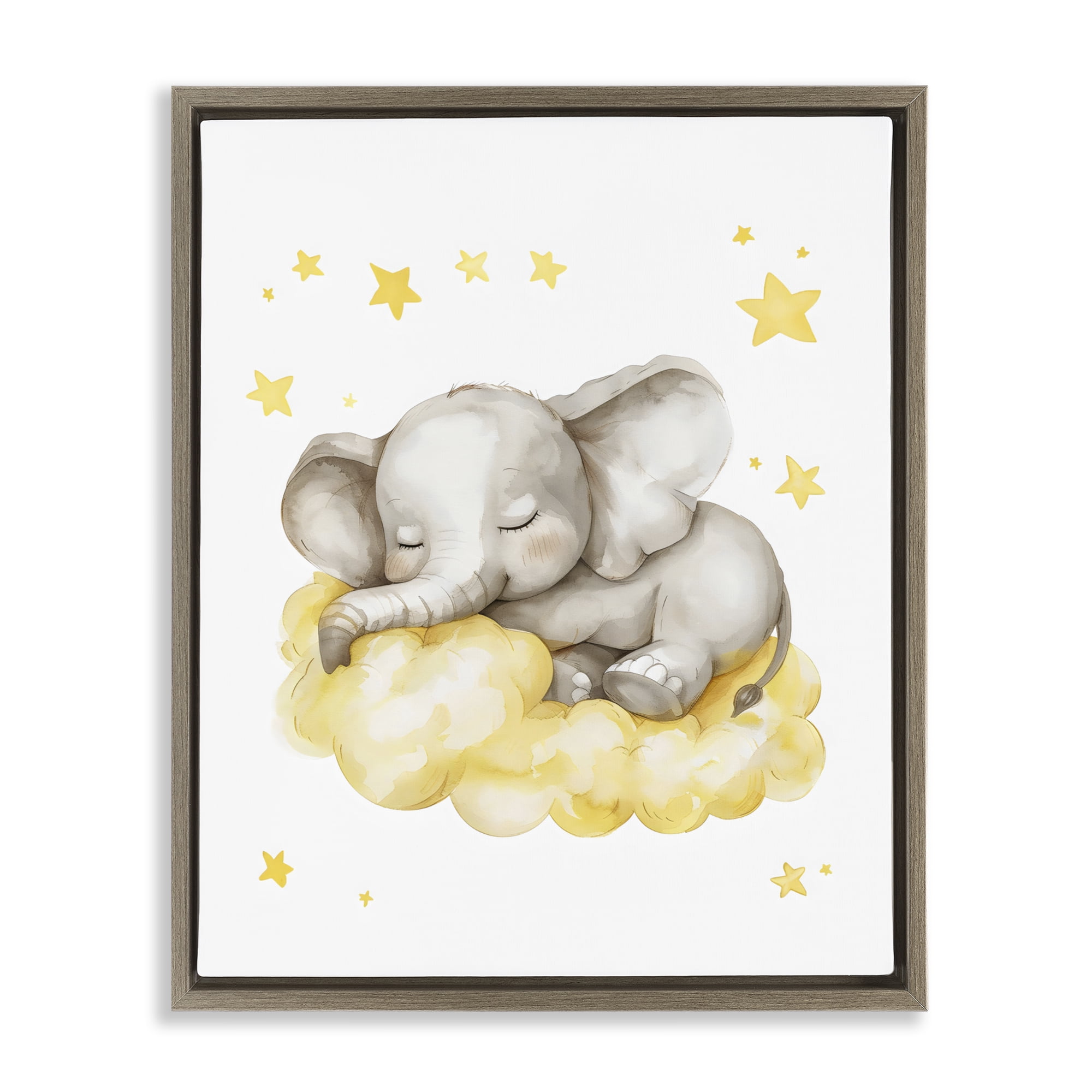 Stupell Industries Sleeping Elephant on Yellow Cloud Brown Framed Floater Canvas Wall Art, design by LSR Design Studio