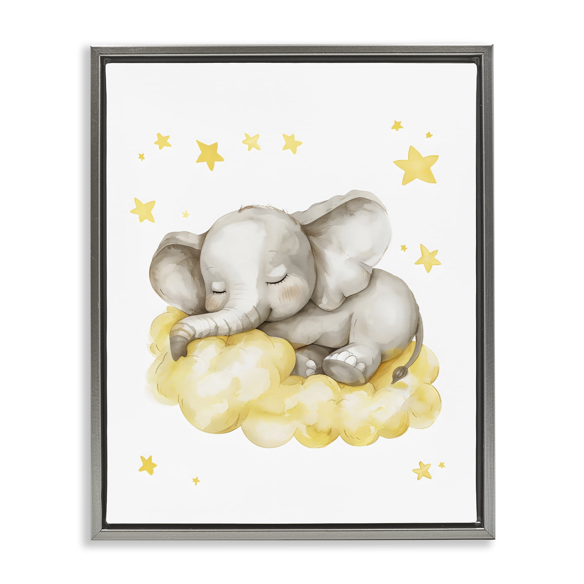 Stupell Industries Sleeping Elephant on Yellow Cloud Gray Framed Floater Canvas Wall Art, design by LSR Design Studio