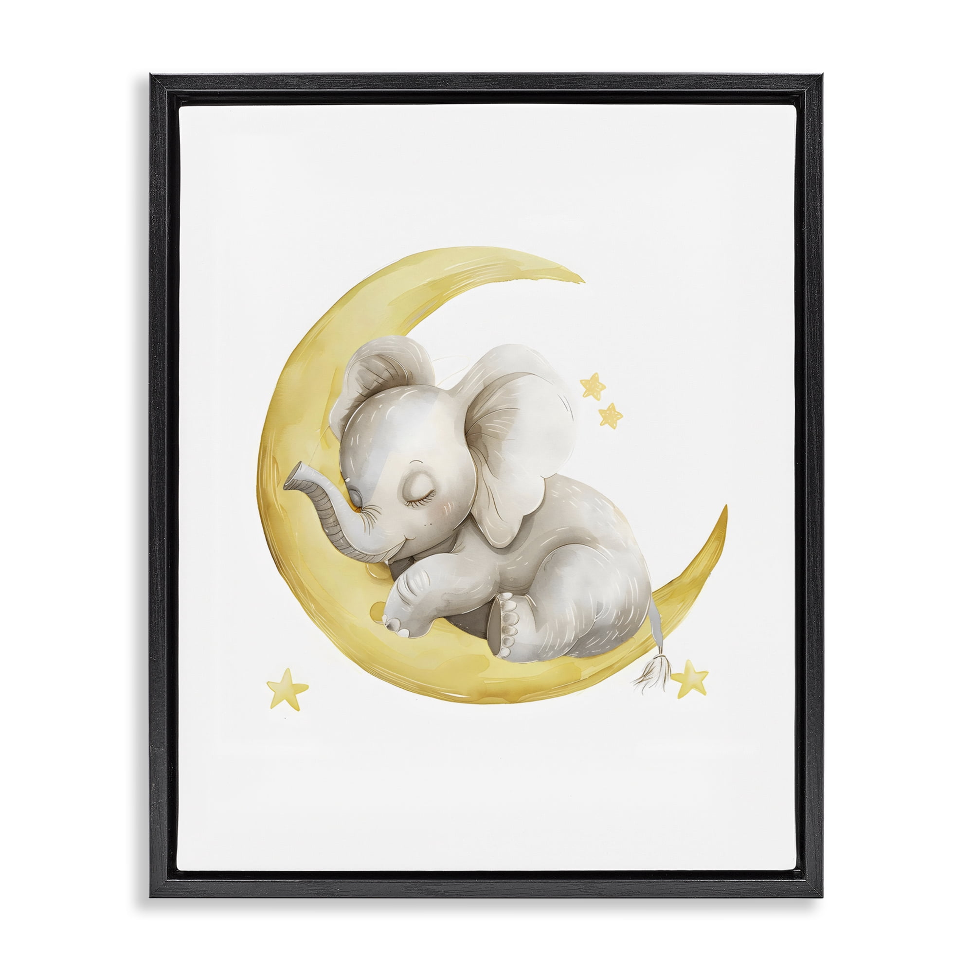 Stupell Industries Sleeping Elephant on Yellow Moon Black Framed Floater Canvas Wall Art, design by LSR Design Studio