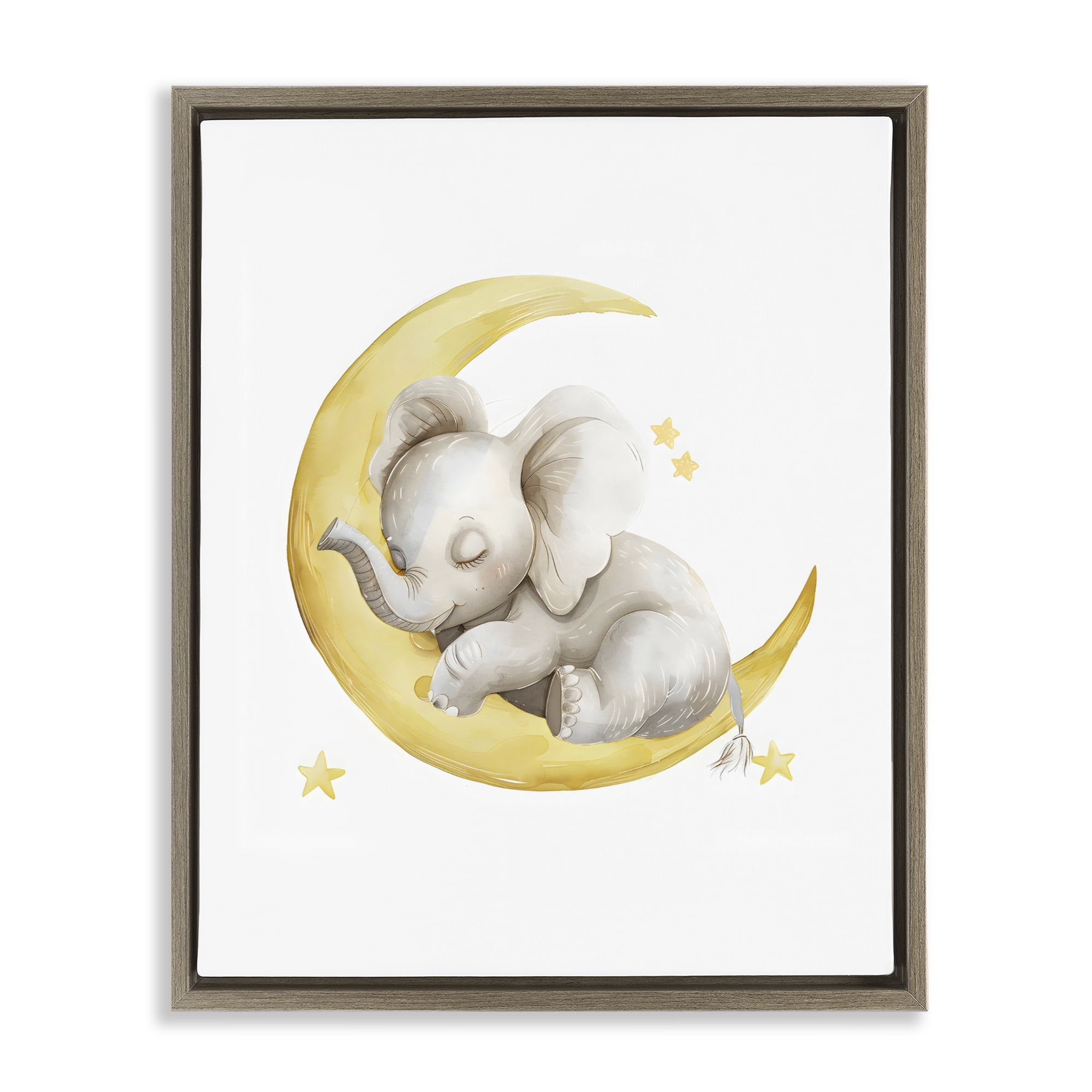 Stupell Industries Sleeping Elephant on Yellow Moon Brown Framed Floater Canvas Wall Art, design by LSR Design Studio