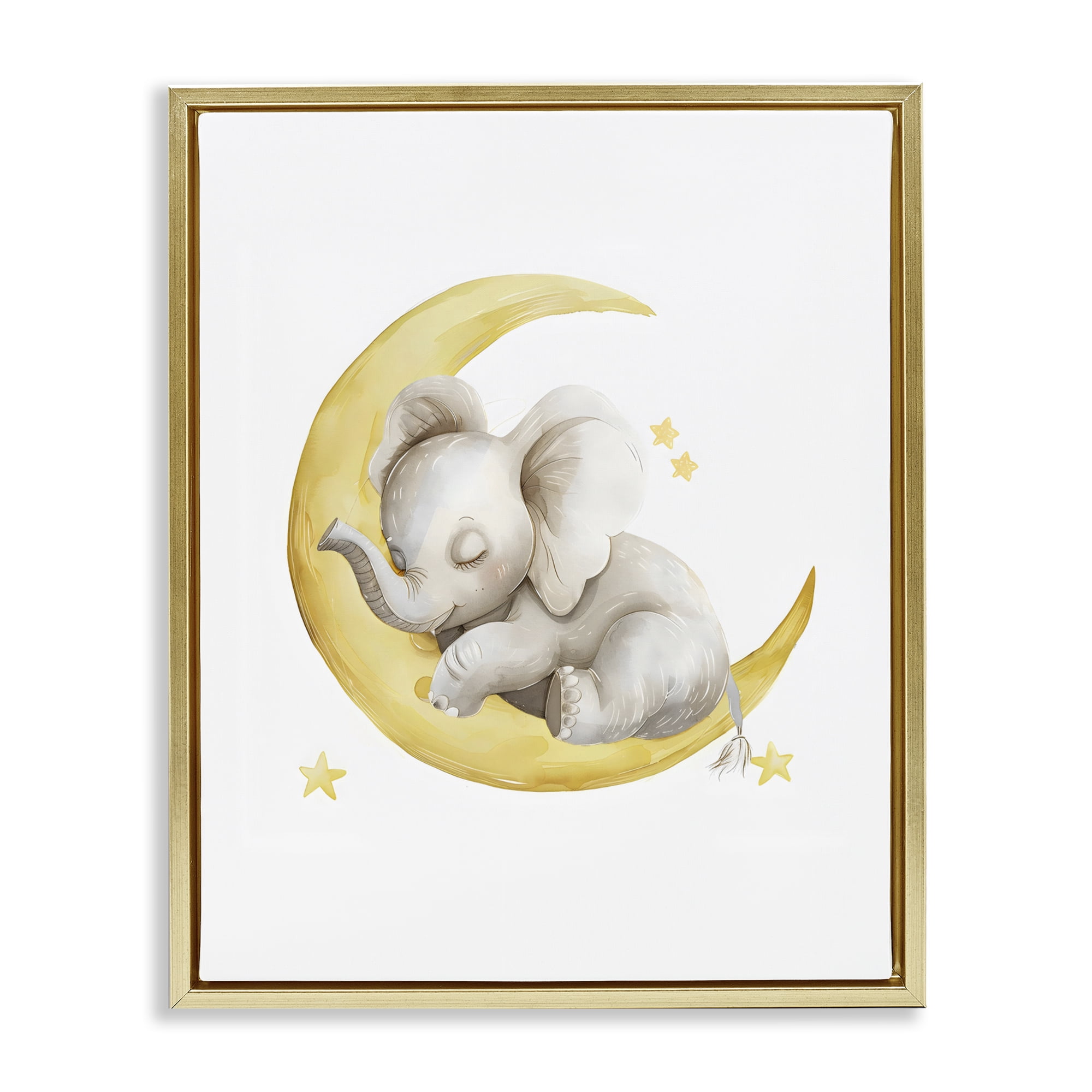 Stupell Industries Sleeping Elephant on Yellow Moon Gold Framed Floater Canvas Wall Art, design by LSR Design Studio
