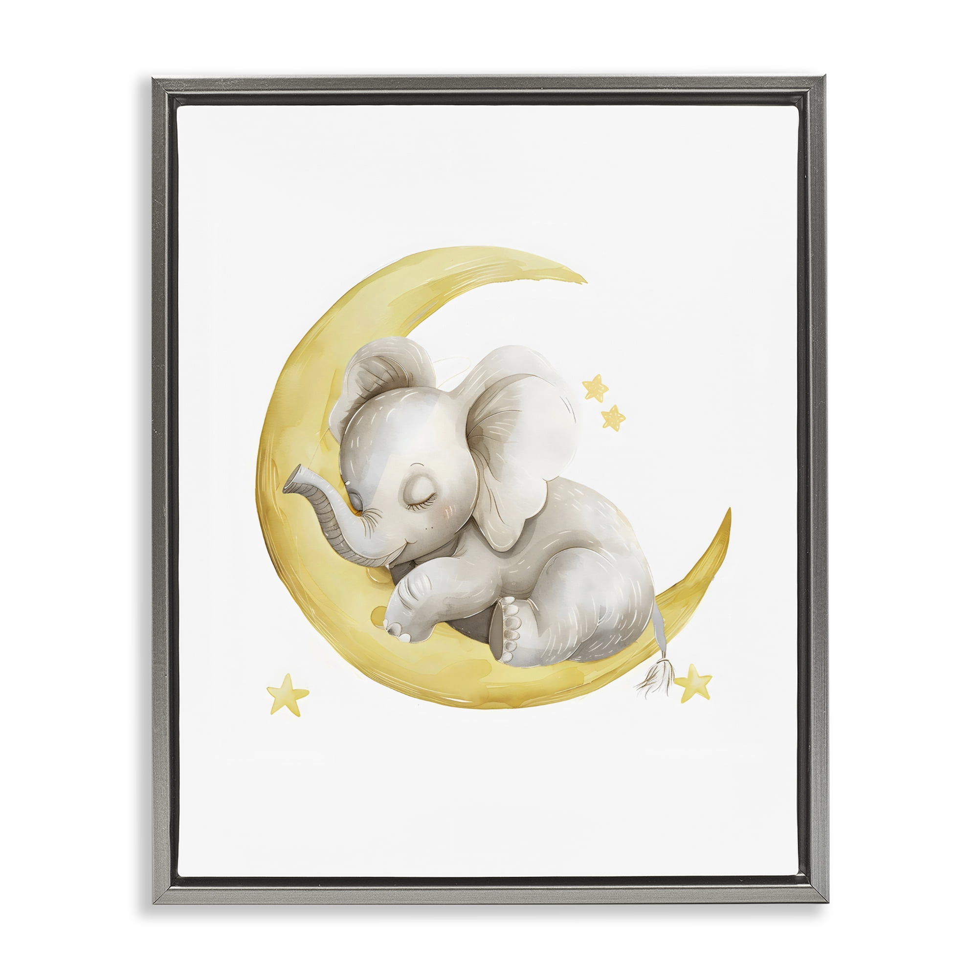 Stupell Industries Sleeping Elephant on Yellow Moon Gray Framed Floater Canvas Wall Art, design by LSR Design Studio