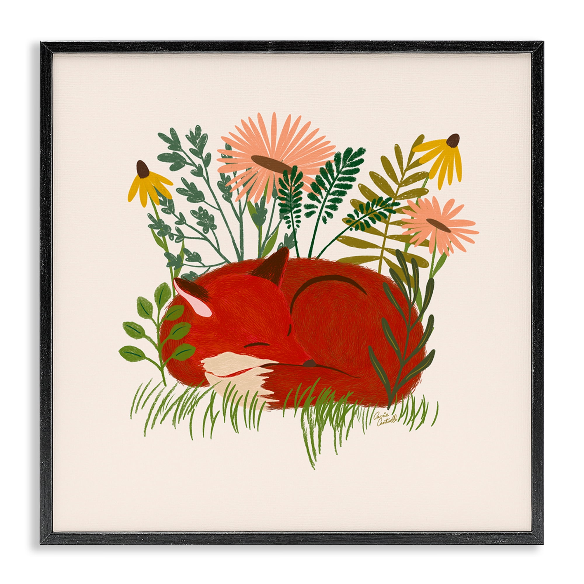 Stupell Industries Sleeping Fox Among Daisies Animals Painting Black Framed Art Print Wall Art, 17 x 17