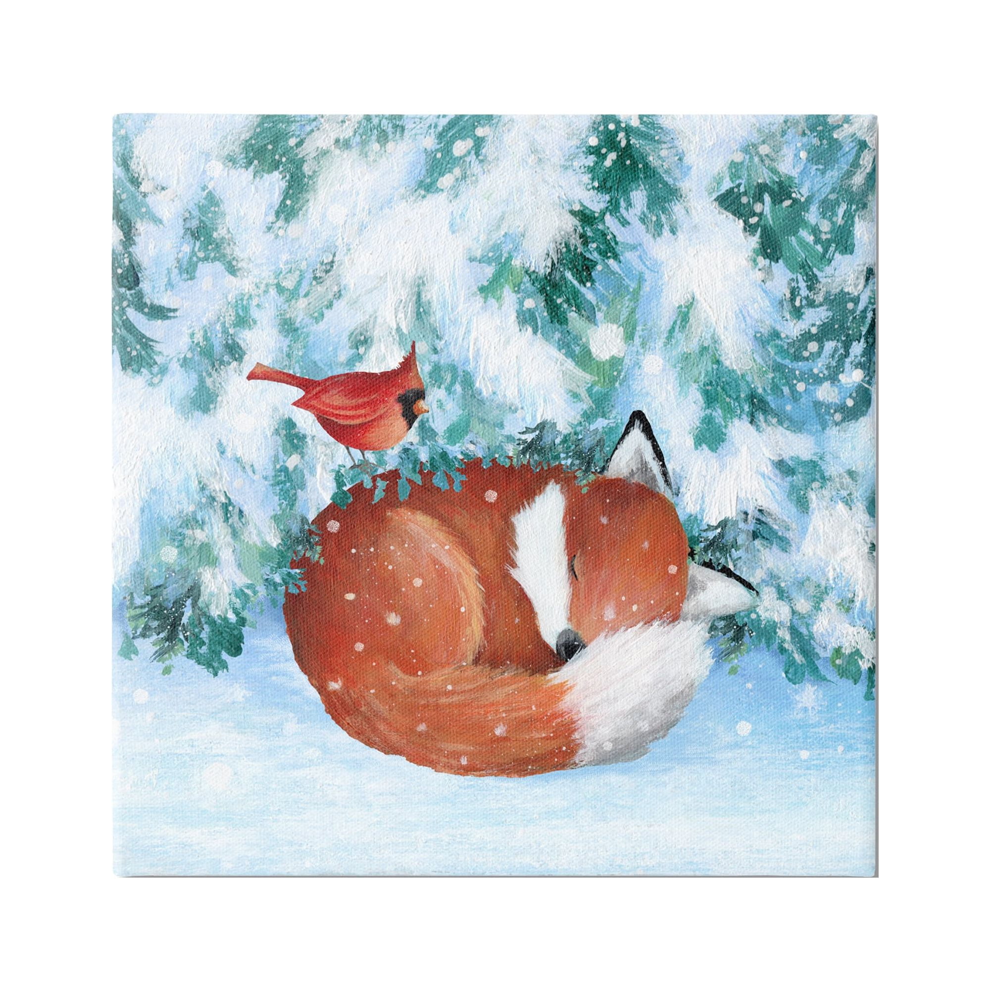 Sleeping Fox and Cardinal in Snow Canvas Wall Art, 17 x 17