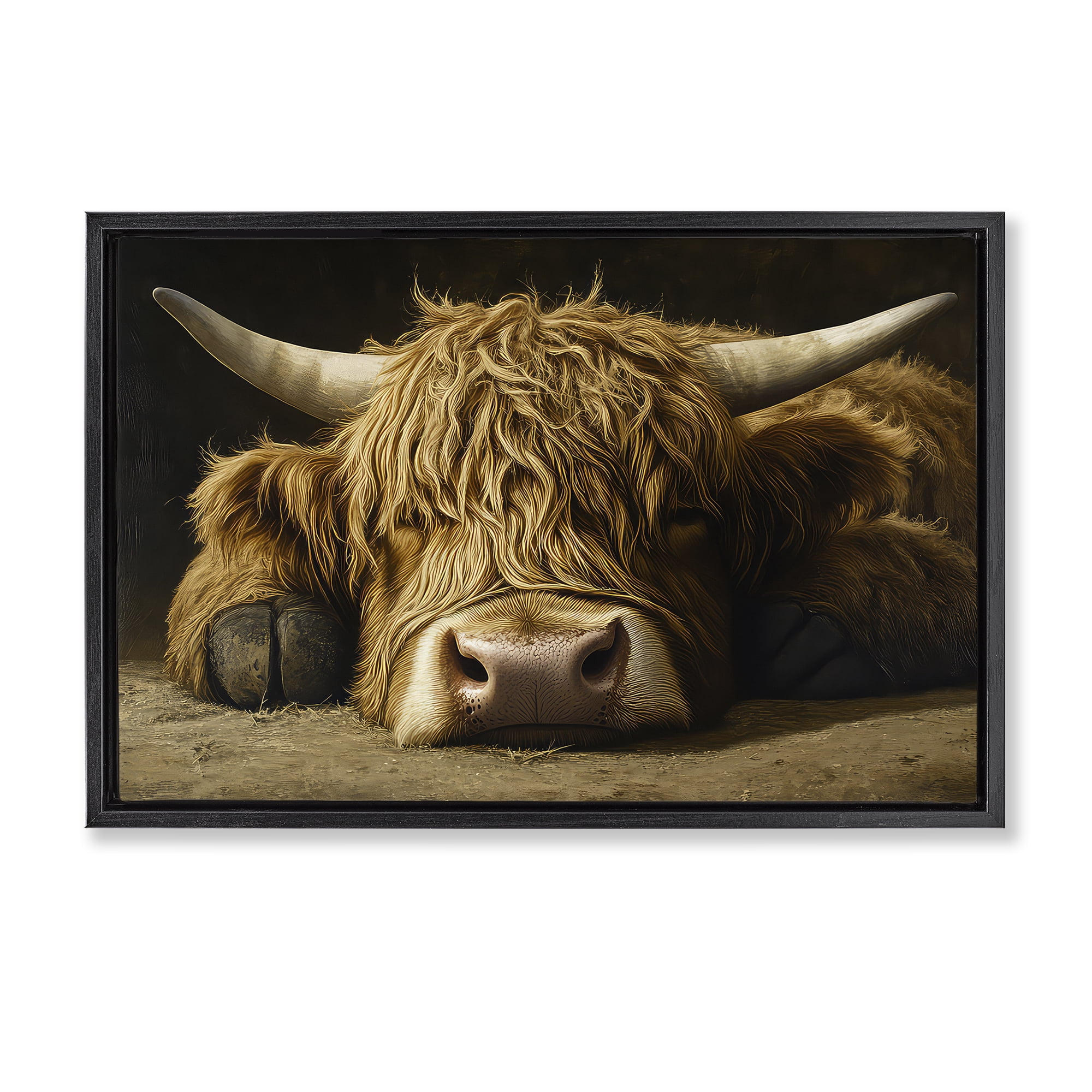 Stupell Industries Sleeping Highland Cow & Hoof Black Framed Floater Canvas Wall Art, design by The Wands Want