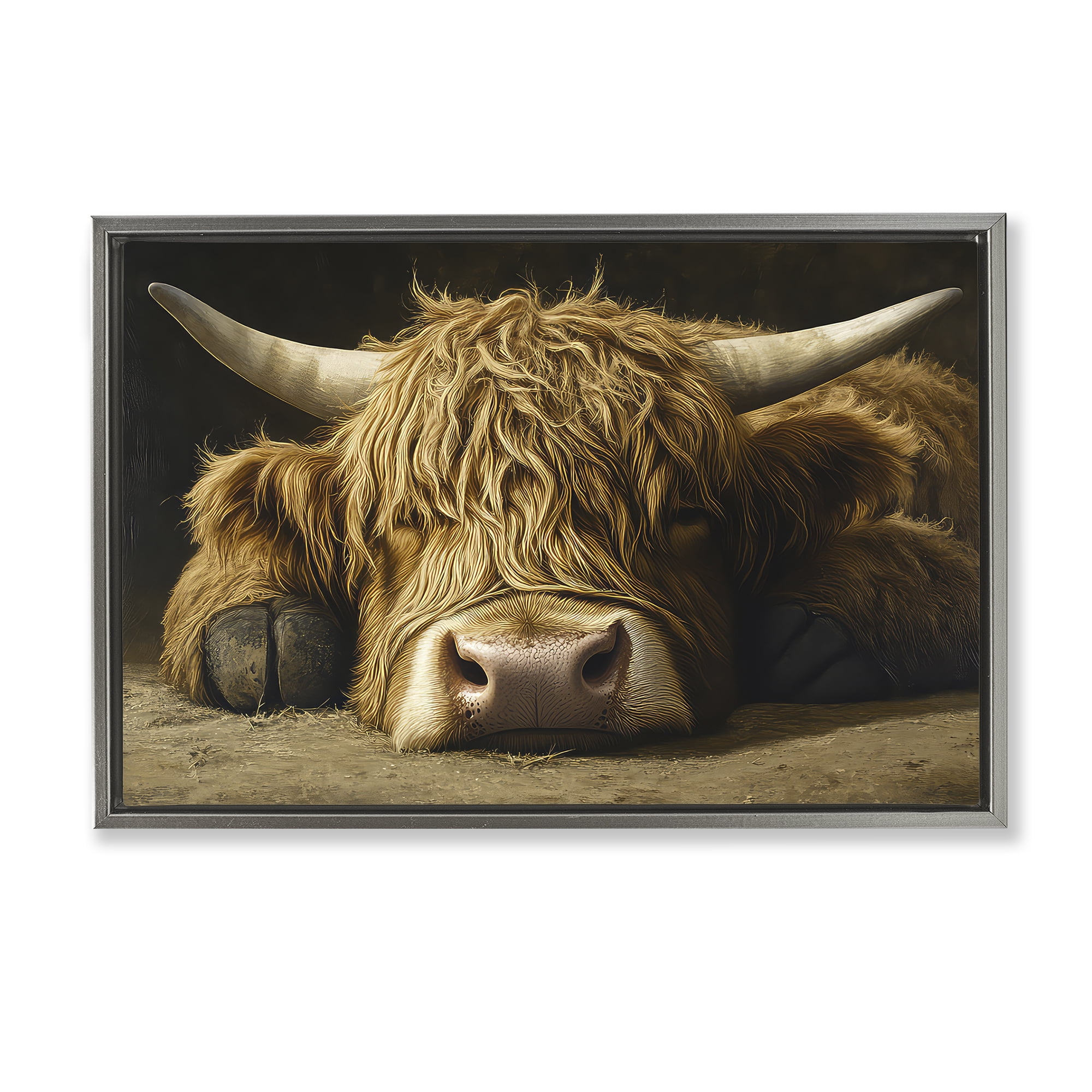Stupell Industries Sleeping Highland Cow & Hoof Gray Framed Floater Canvas Wall Art, design by The Wands Want