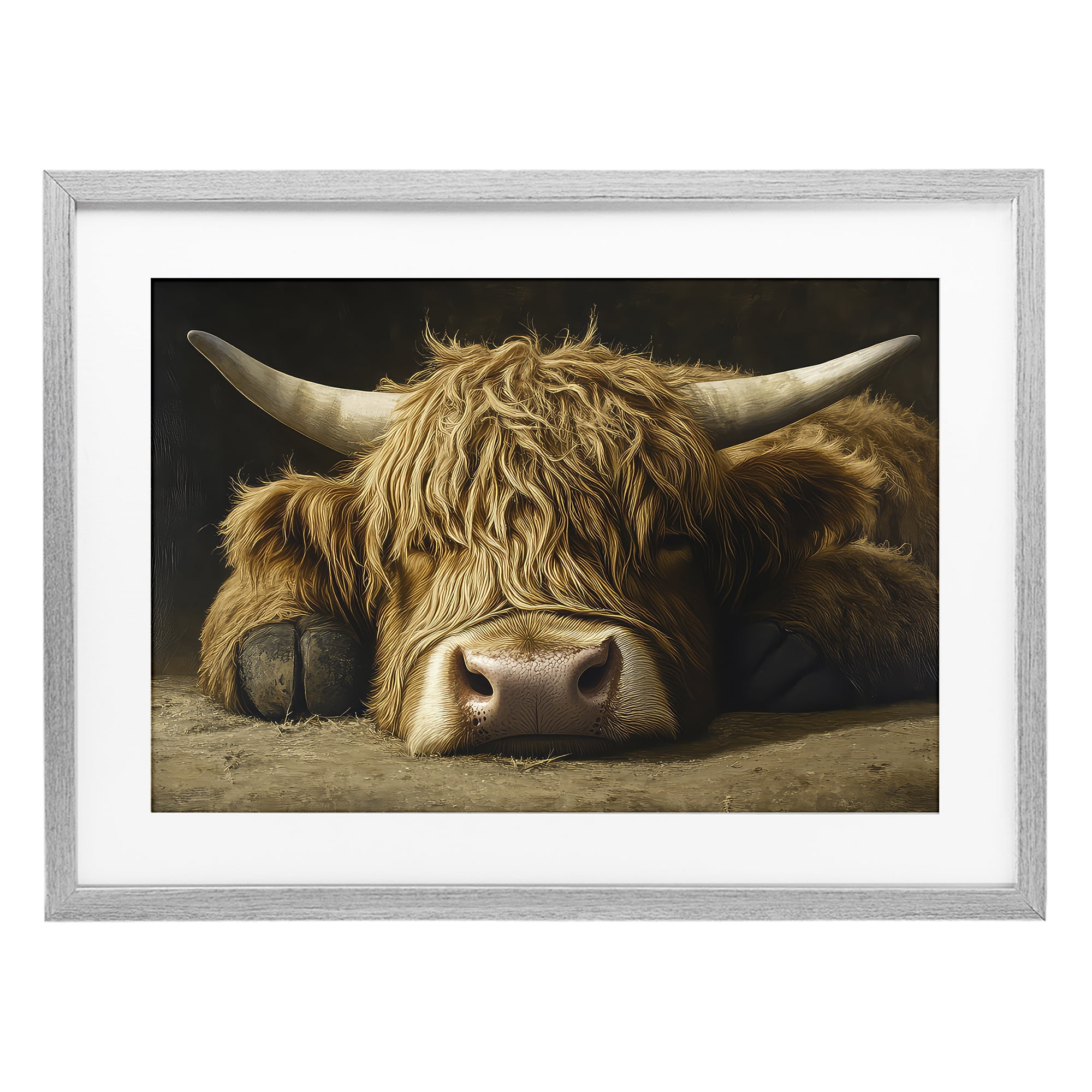 Stupell Industries Sleeping Highland Cow & Hoof Gray Framed Print Under Glass, design by The Wands Want
