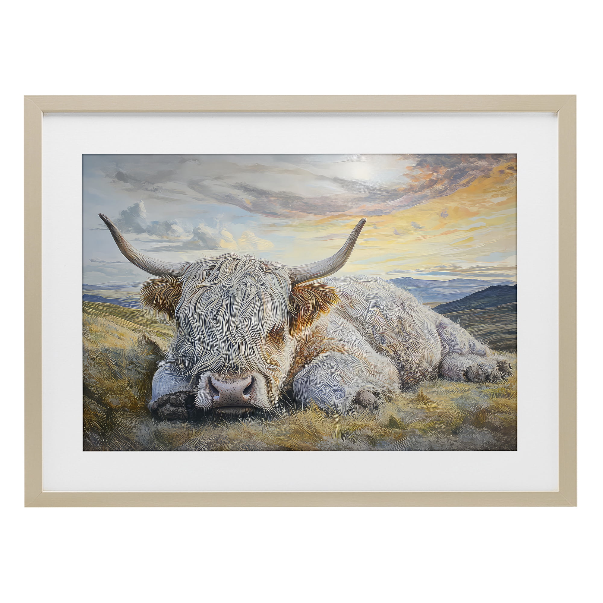 Stupell Industries Sleeping Highland Cow Pastoral Birch Framed Print Under Glass, design by The Wands Want