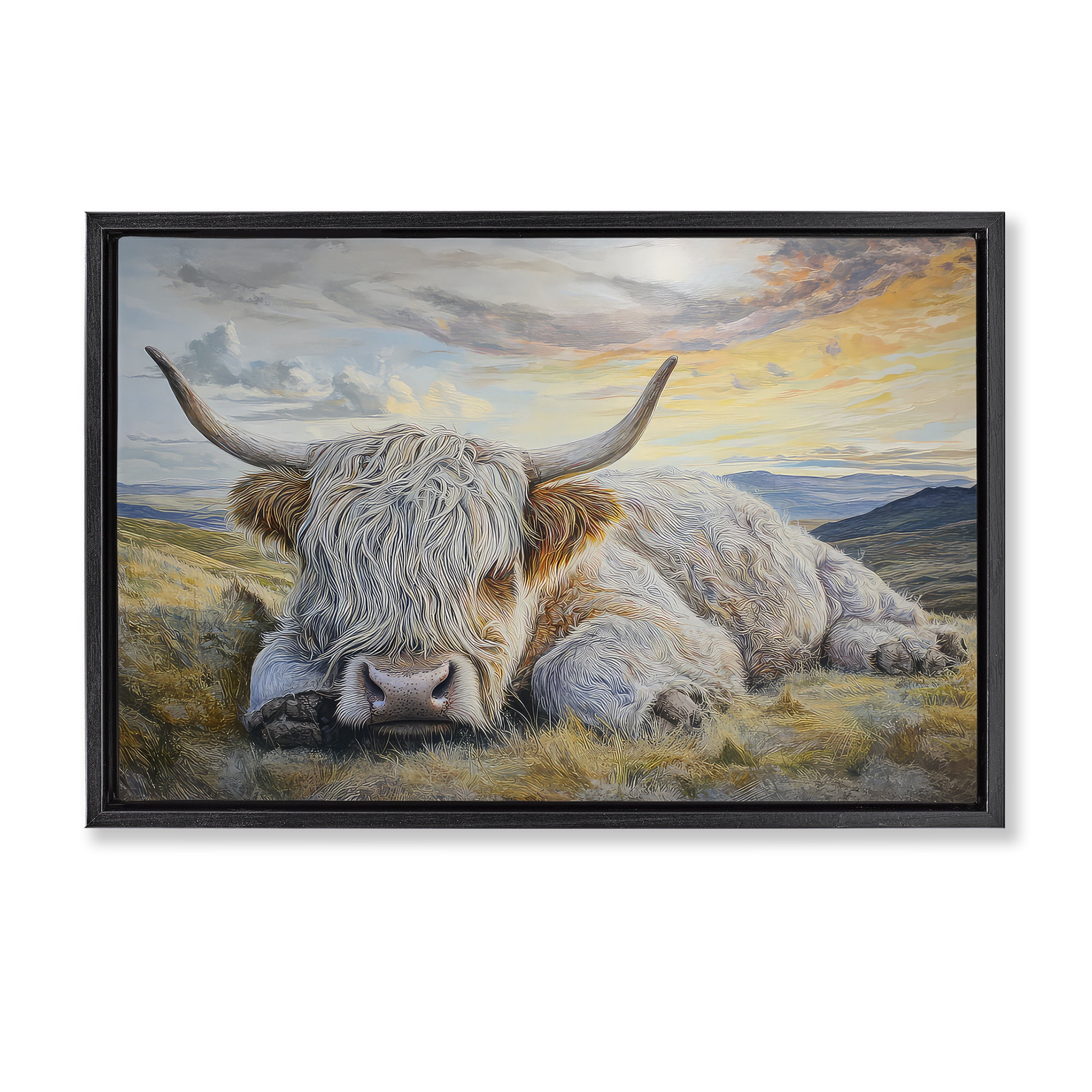 Stupell Industries Sleeping Highland Cow Pastoral Black Framed Floater Canvas Wall Art, design by The Wands Want