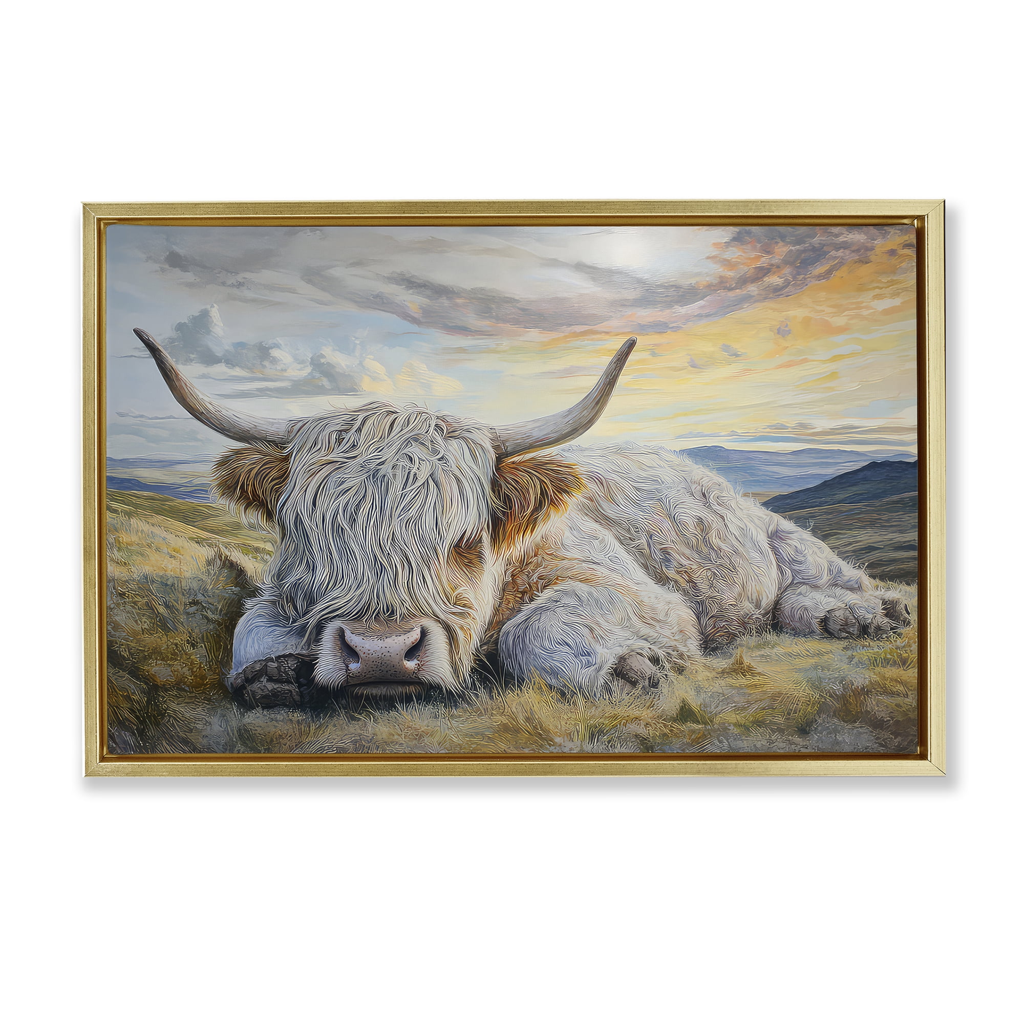 Stupell Industries Sleeping Highland Cow Pastoral Gold Framed Floater Canvas Wall Art, design by The Wands Want