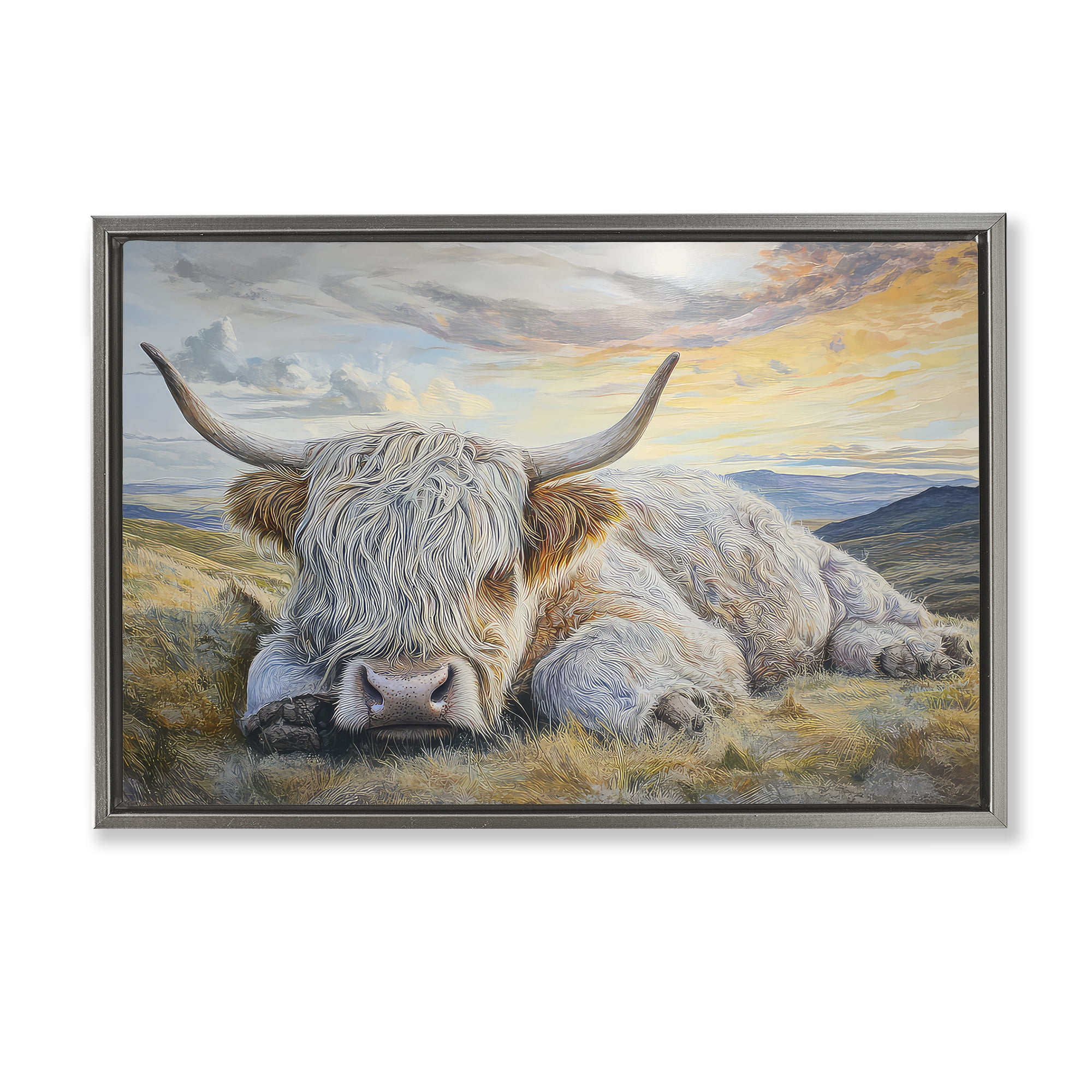 Stupell Industries Sleeping Highland Cow Pastoral Gray Framed Floater Canvas Wall Art, design by The Wands Want