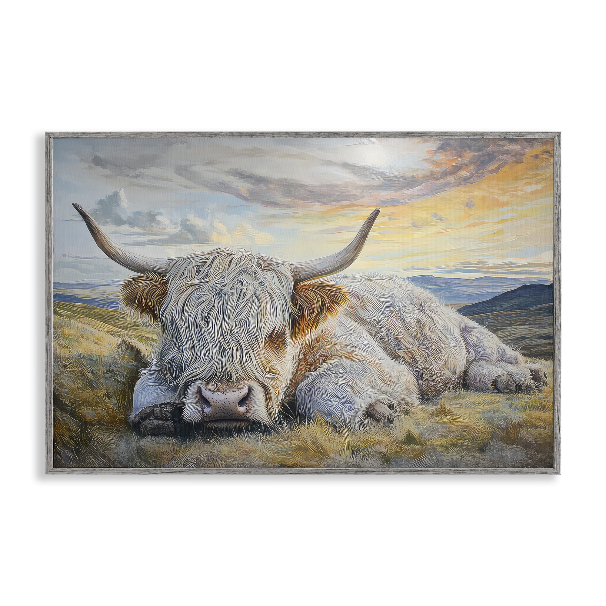 Stupell Industries Sleeping Highland Cow Pastoral Gray Framed Giclee Art, design by The Wands Want