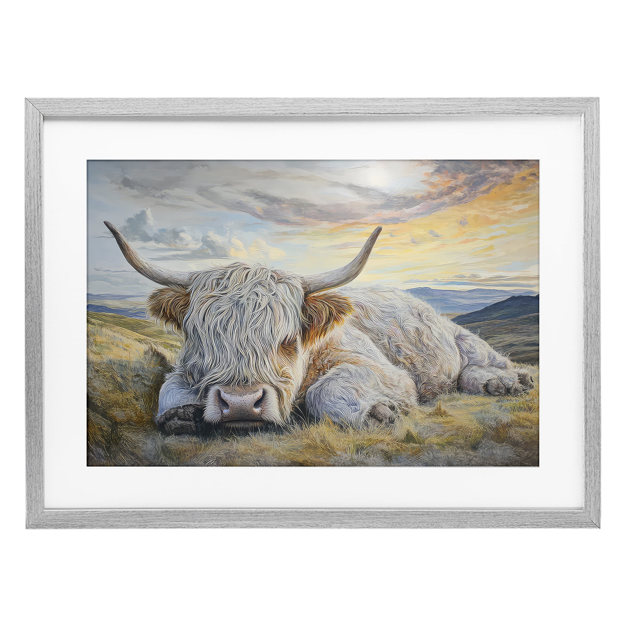 Stupell Industries Sleeping Highland Cow Pastoral Gray Framed Print Under Glass, design by The Wands Want