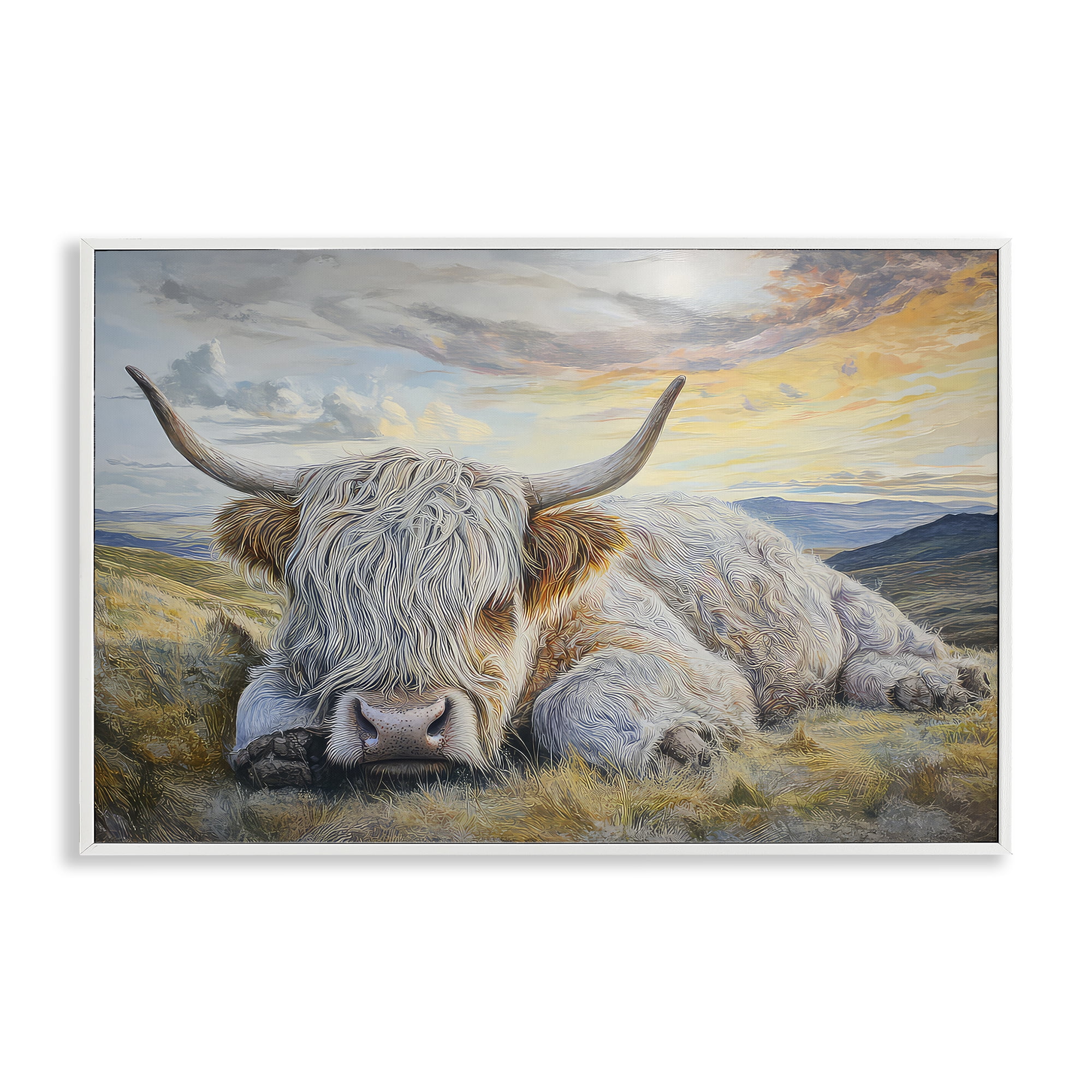 Stupell Industries Sleeping Highland Cow Pastoral White Framed Giclee Art, design by The Wands Want