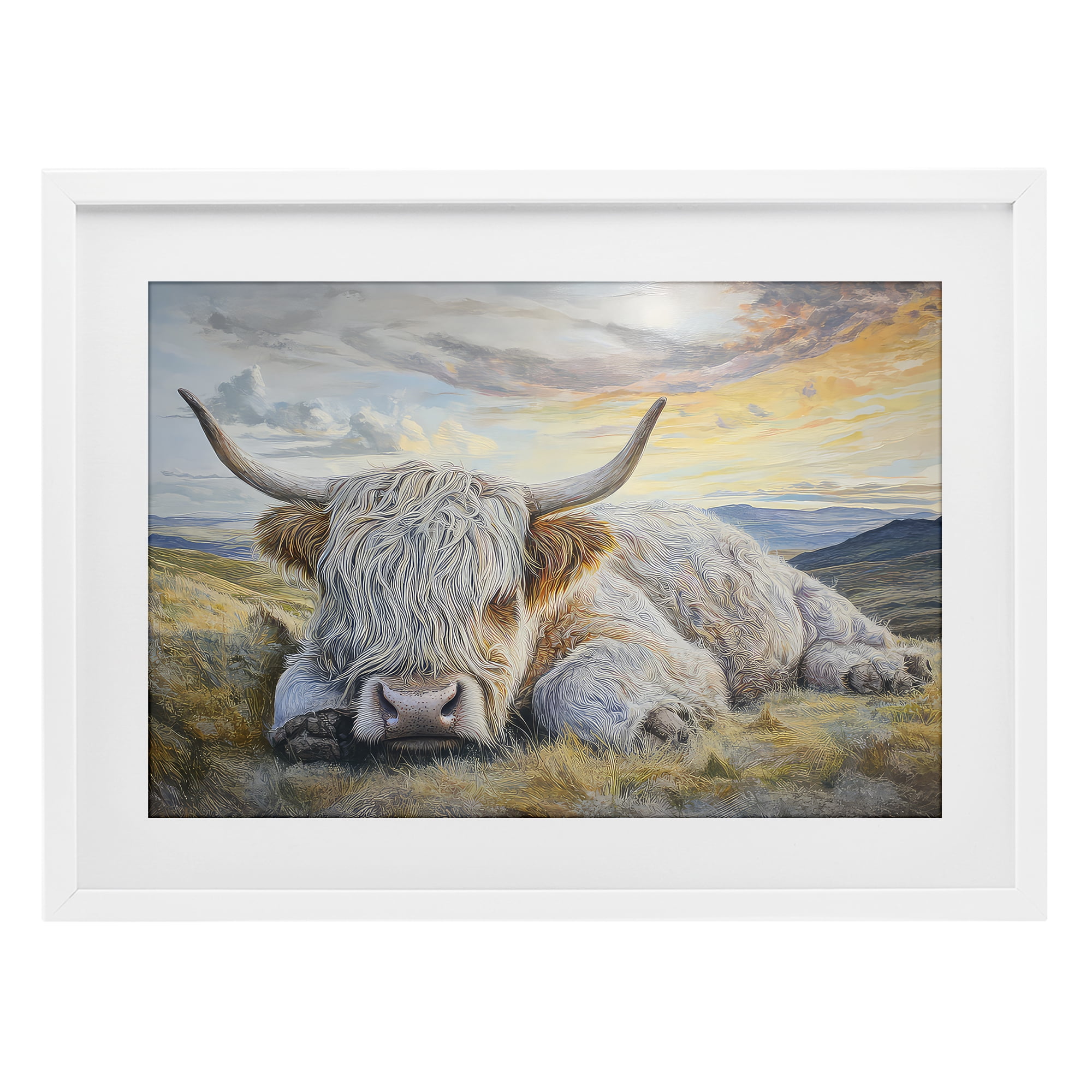Stupell Industries Sleeping Highland Cow Pastoral White Framed Print Under Glass, design by The Wands Want
