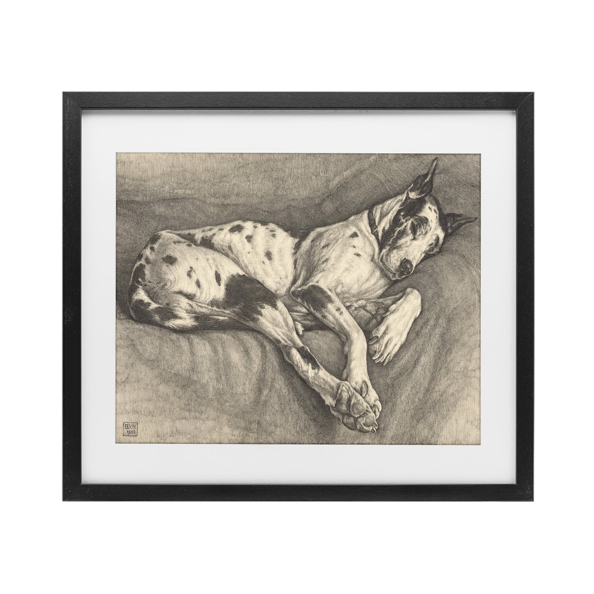 Stupell Industries Sleeping Hound Drawing Black Framed Print Under Glass, design by Bertha Van Hasselt