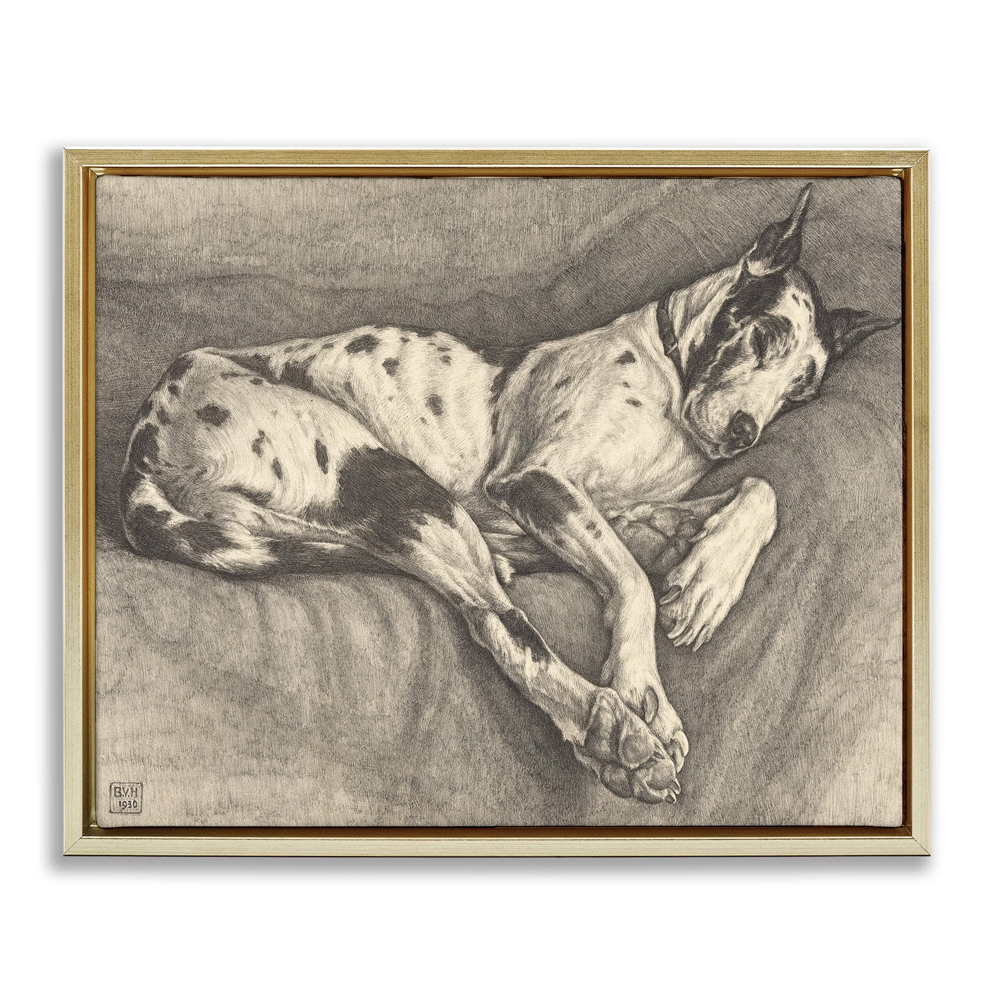 Stupell Industries Sleeping Hound Drawing Gold Framed Floater Canvas Wall Art, design by Bertha Van Hasselt
