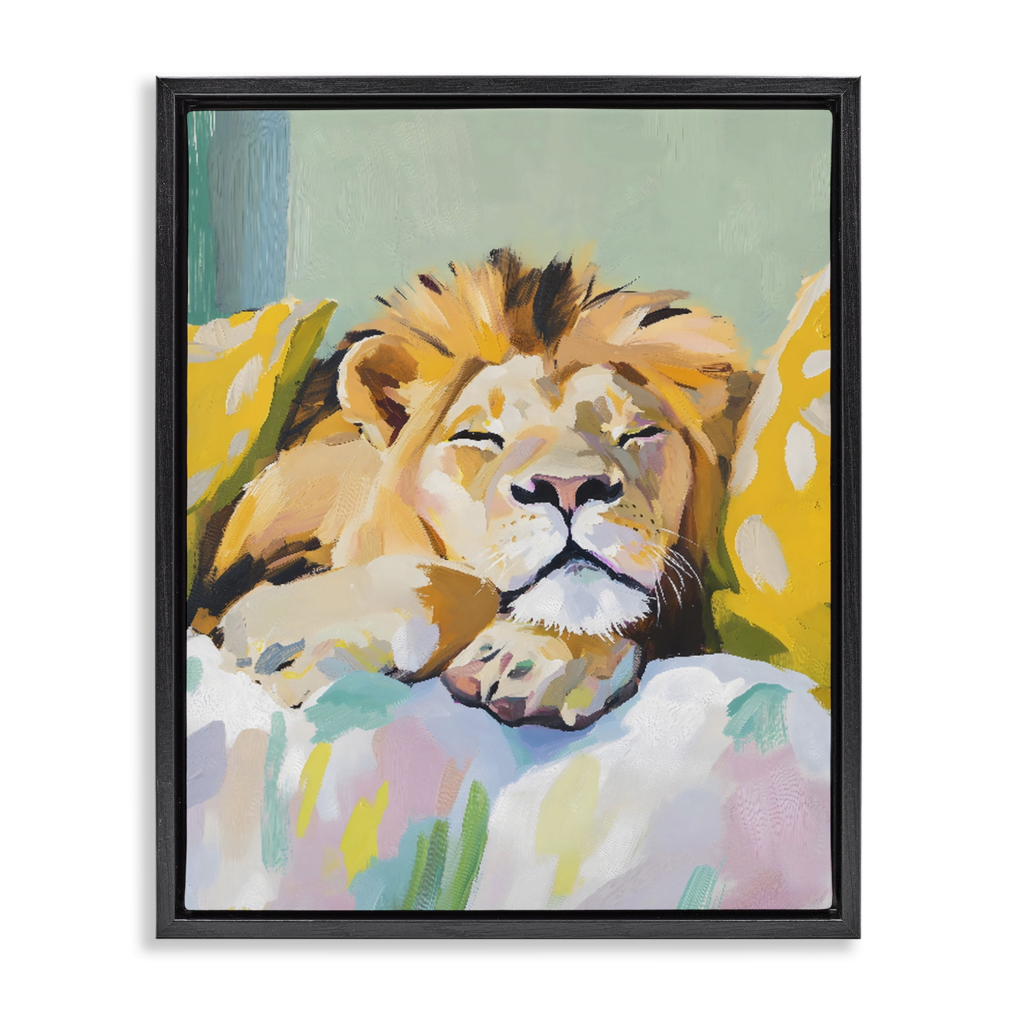 Stupell Industries Sleeping Lion on Pastel Pillows Black Framed Floater Canvas Wall Art, design by The Prints Vibe