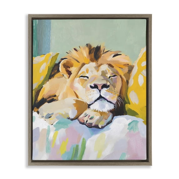 Stupell Industries Cottage Sleeping Lion on Pastel Pillows Brown Floating Frame Canvas Art, 25 x 31, by The Prints Vibe