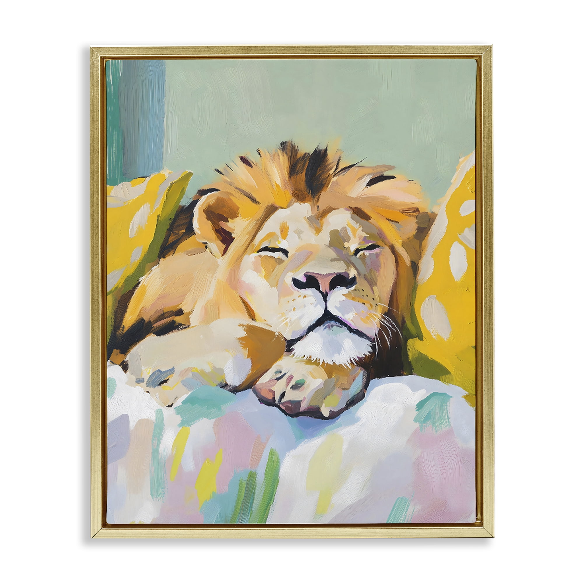 Stupell Industries Sleeping Lion on Pastel Pillows Gold Framed Floater Canvas Wall Art, design by The Prints Vibe