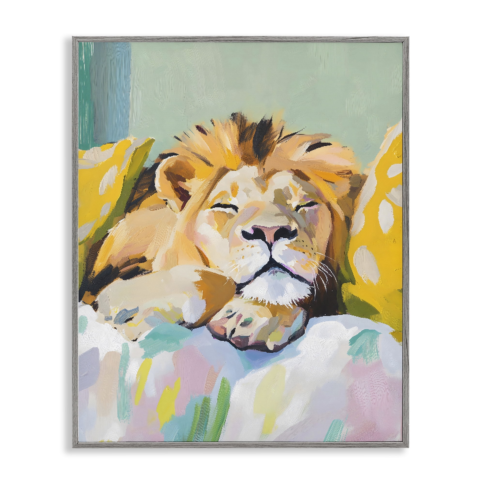 Stupell Industries Sleeping Lion on Pastel Pillows Gray Framed Giclee Art, design by The Prints Vibe