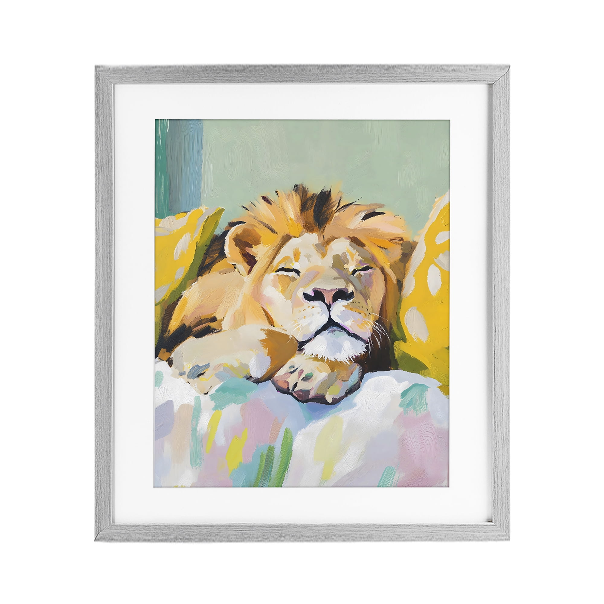Stupell Industries Sleeping Lion on Pastel Pillows Gray Framed Print Under Glass, design by The Prints Vibe