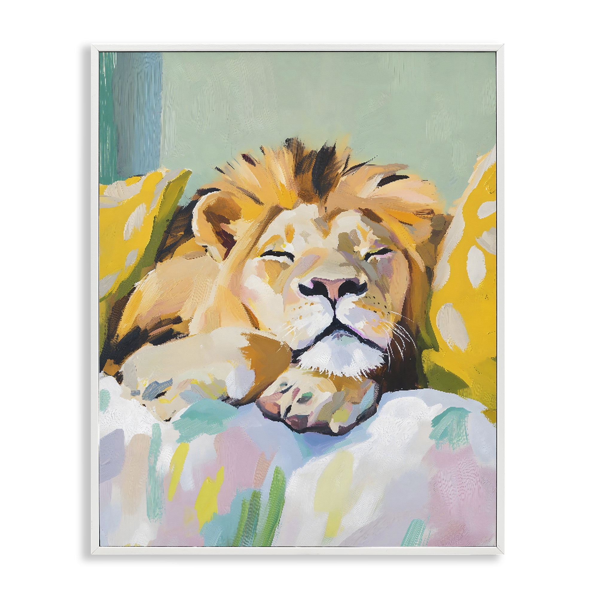 Stupell Industries Sleeping Lion on Pastel Pillows White Framed Giclee Art, design by The Prints Vibe