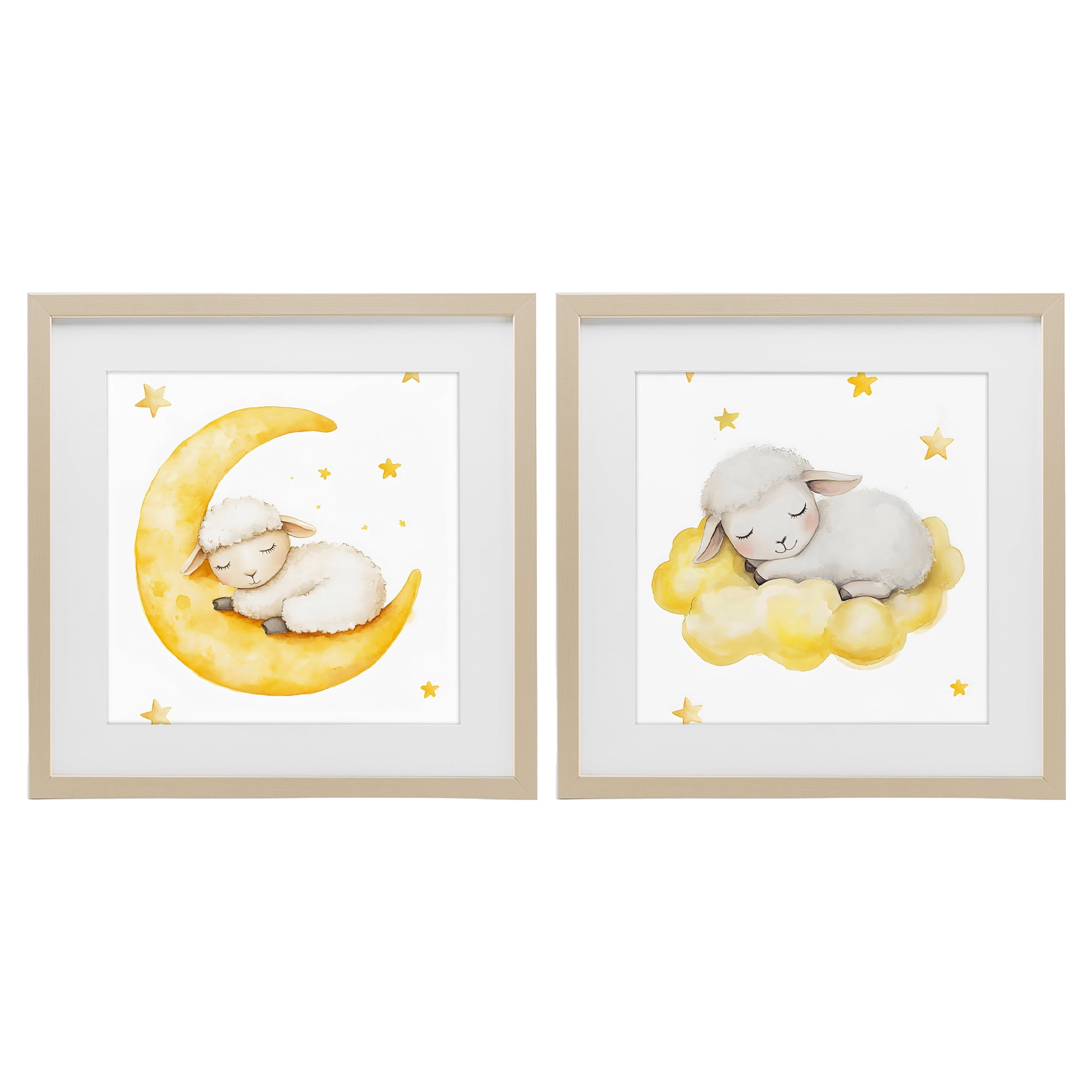 Stupell Industries Sleeping Sheep Cloud and Moon 2 Piece Birch Framed Print Under Glass Set, design by LSR Design Studio