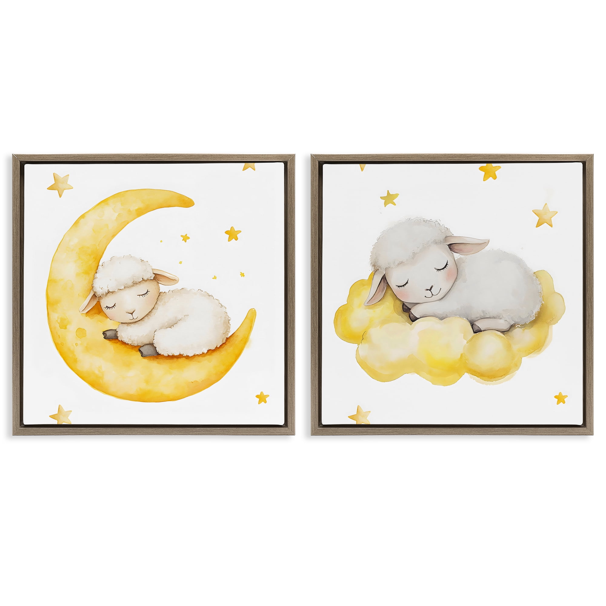 Stupell Industries Sleeping Sheep Cloud and Moon 2 Piece Brown Framed Floater Canvas Set, design by LSR Design Studio