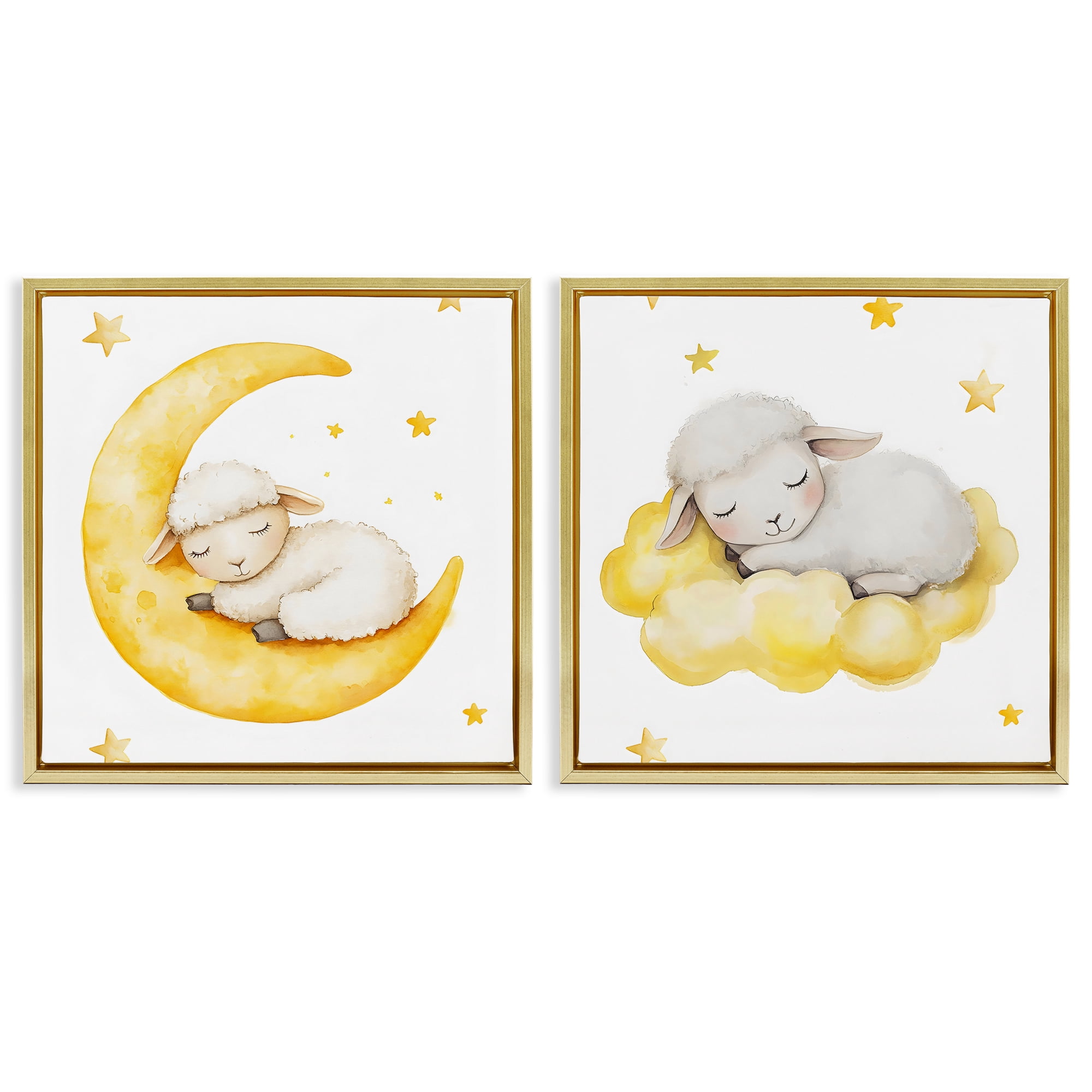Stupell Industries Sleeping Sheep Cloud and Moon 2 Piece Gold Framed Floater Canvas Set, design by LSR Design Studio