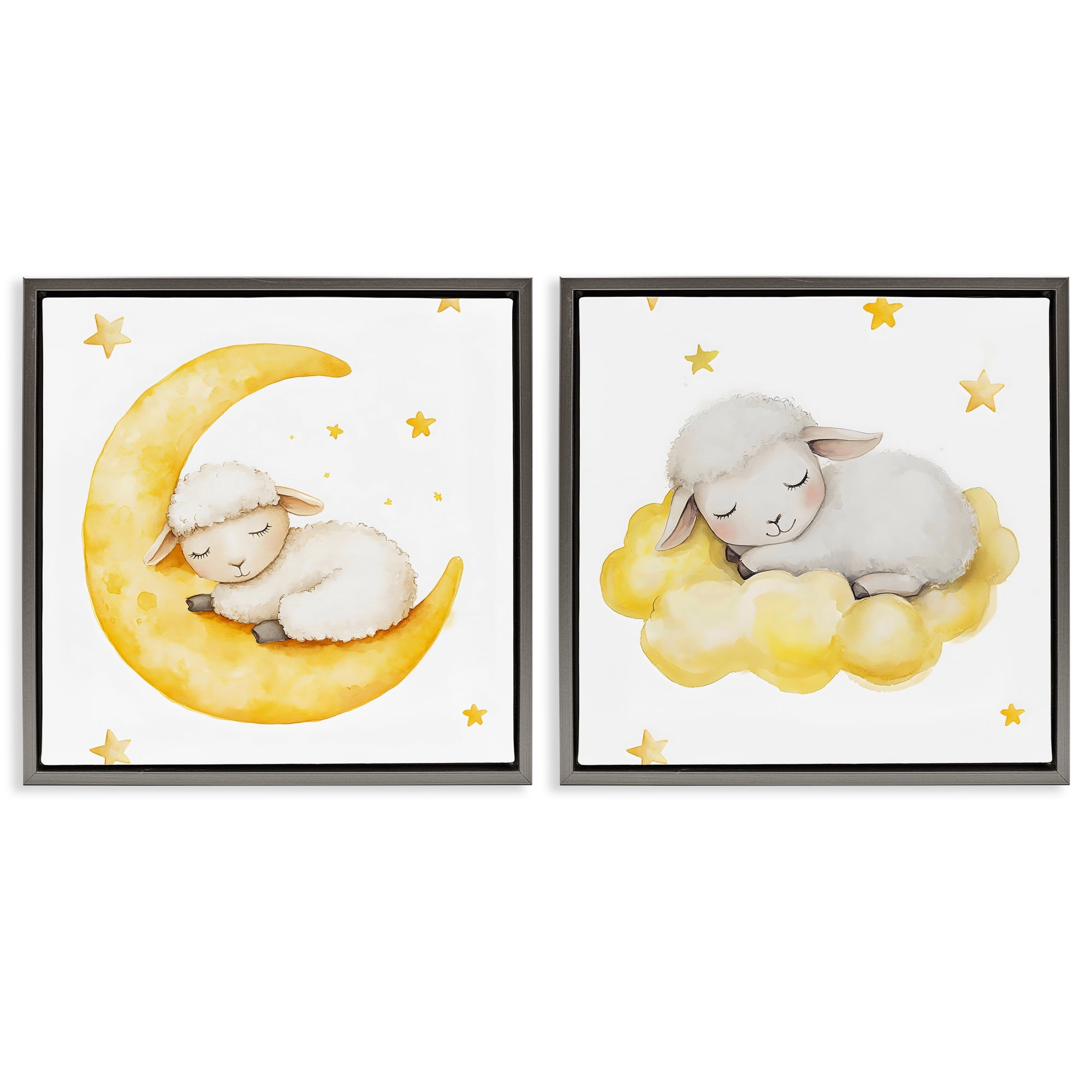 Stupell Industries Sleeping Sheep Cloud and Moon 2 Piece Gray Framed Floater Canvas Set, design by LSR Design Studio