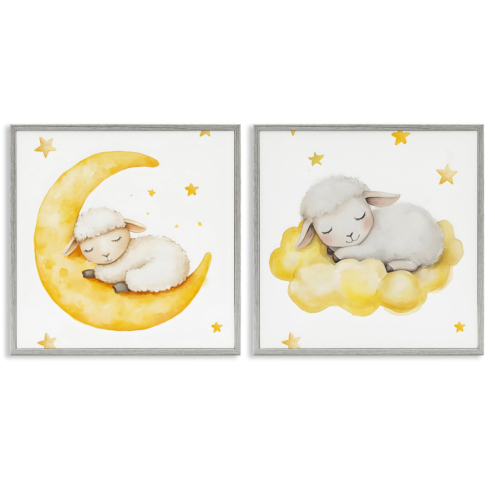 Stupell Industries Sleeping Sheep Cloud and Moon 2 Piece Gray Framed Giclee Art Set, design by LSR Design Studio