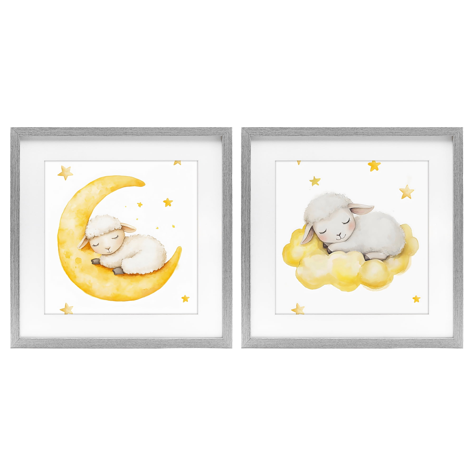 Stupell Industries Sleeping Sheep Cloud and Moon 2 Piece Gray Framed Print Under Glass Set, design by LSR Design Studio