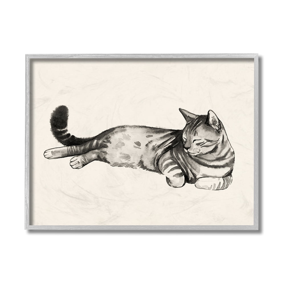 Stupell Industries Sleeping Striped Cat Minimal Relaxed Pet Gray Framed by Grace Popp