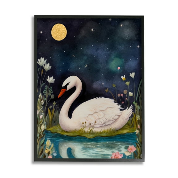 Stupell Industries Sleeping Swan Night Sky Animals & Insects Painting Black Framed Art Print Wall Art, 11 x 14