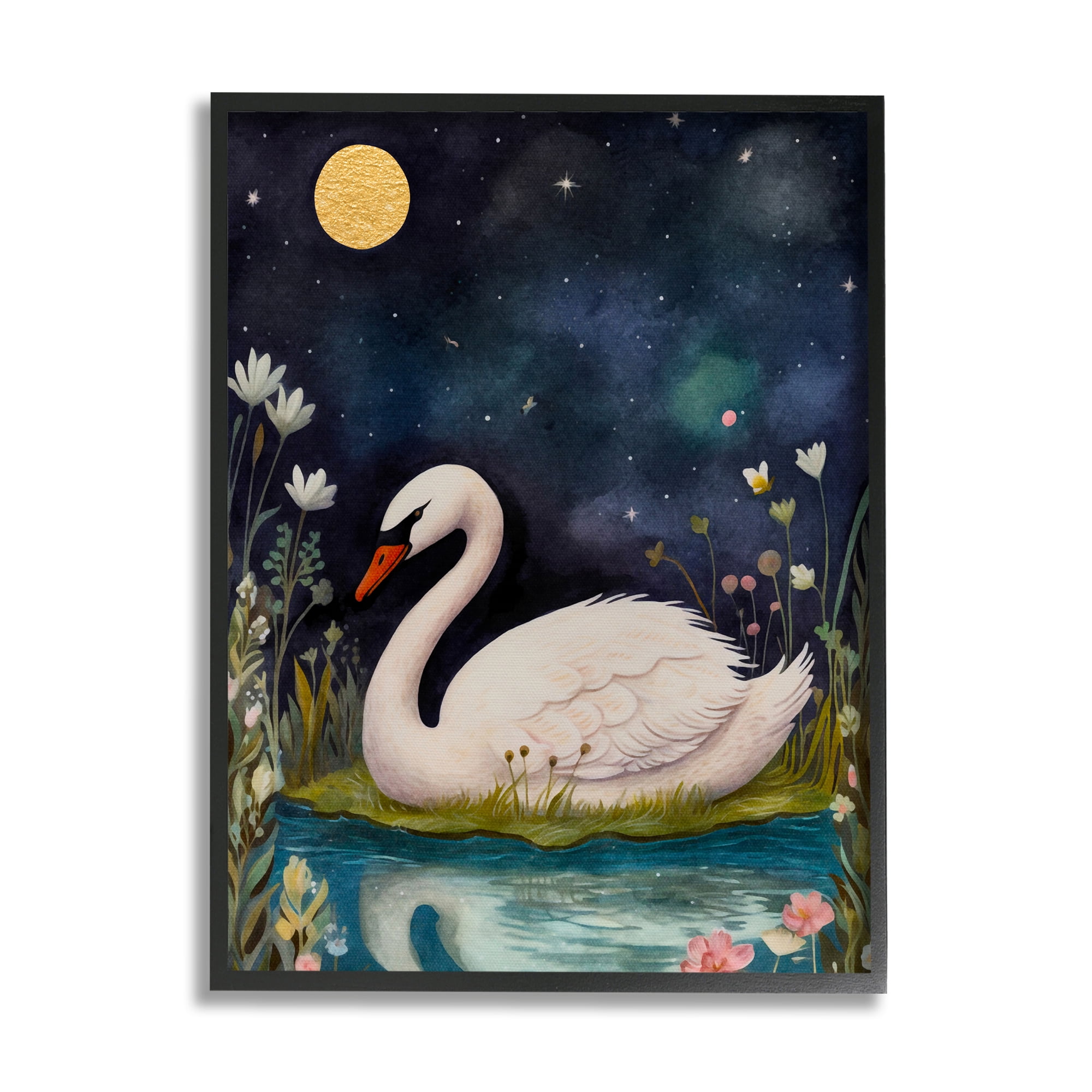 Stupell Industries Sleeping Swan Night Sky Animals & Insects Painting Black Framed Art Print Wall Art, 16 x 20