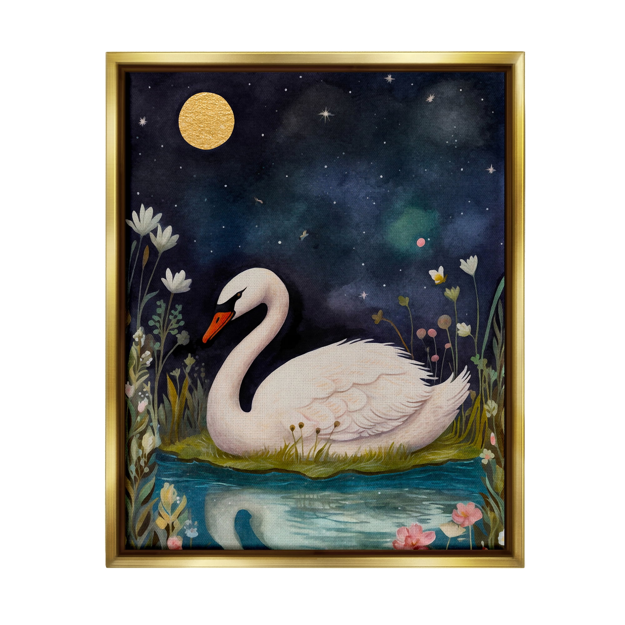Stupell Industries Sleeping Swan Night Sky Animals & Insects Painting Gold Floater Framed Canvas Art Print Wall Art, 17 x 21