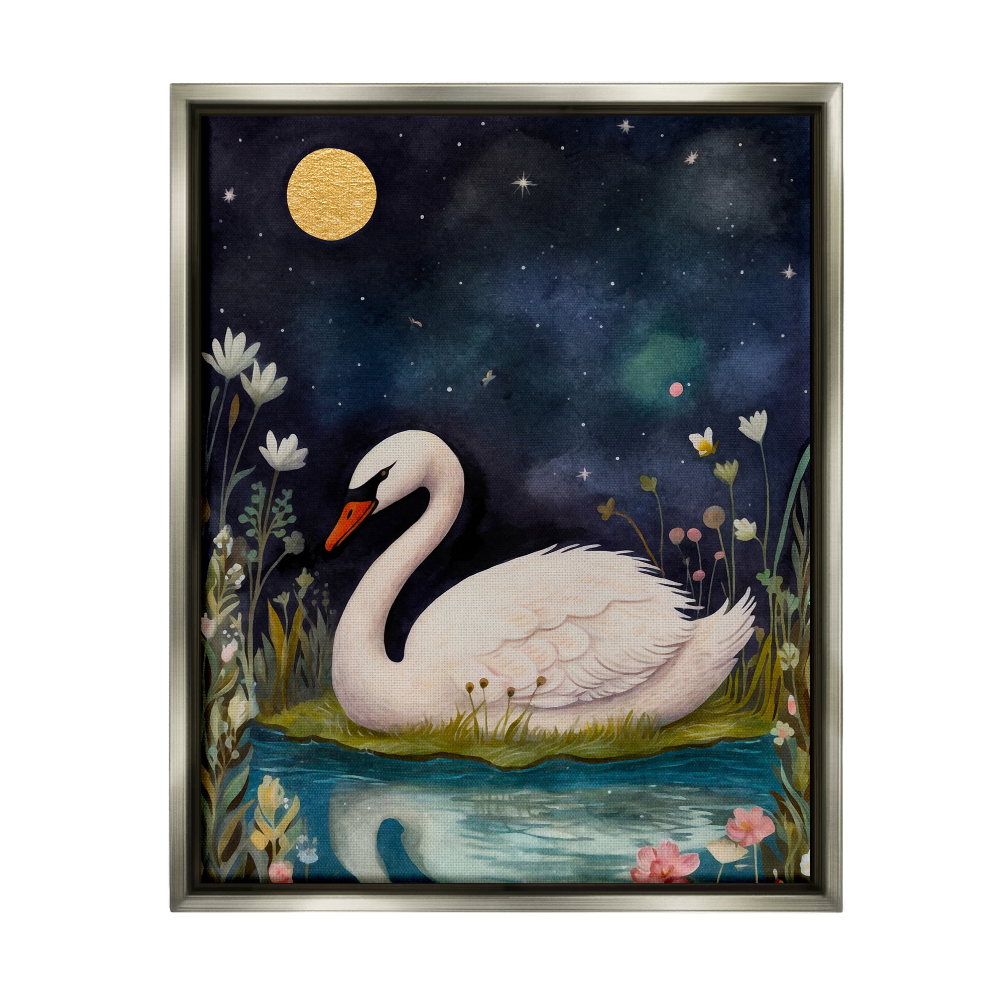 Stupell Industries Sleeping Swan Night Sky Animals & Insects Painting Gray Floater Framed Canvas Art Print Wall Art, 25 x 31