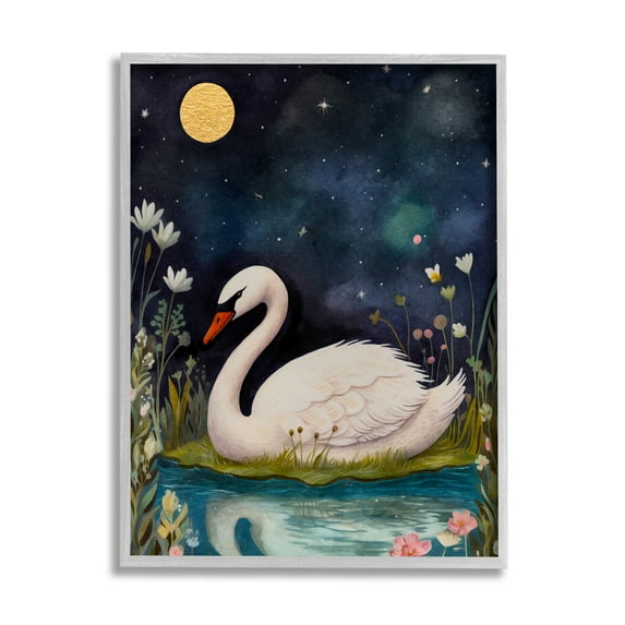 Stupell Industries Sleeping Swan Night Sky Animals & Insects Painting Gray Framed Art Print Wall Art, 11 x 14