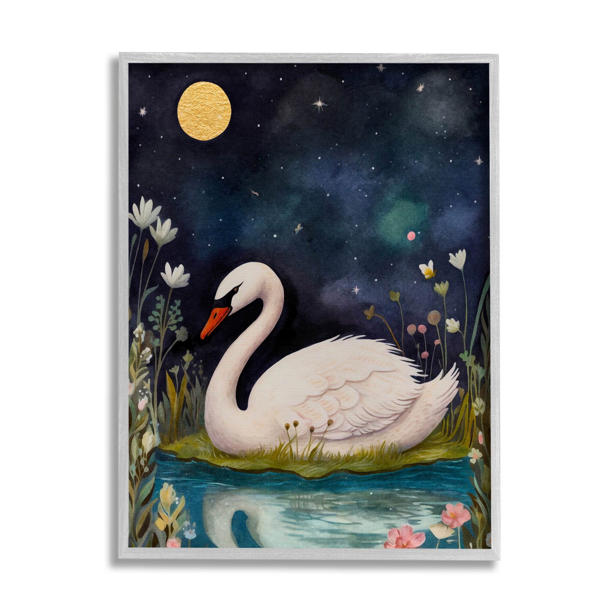 Stupell Industries Sleeping Swan Night Sky Animals & Insects Painting Gray Framed Art Print Wall Art, 16 x 20