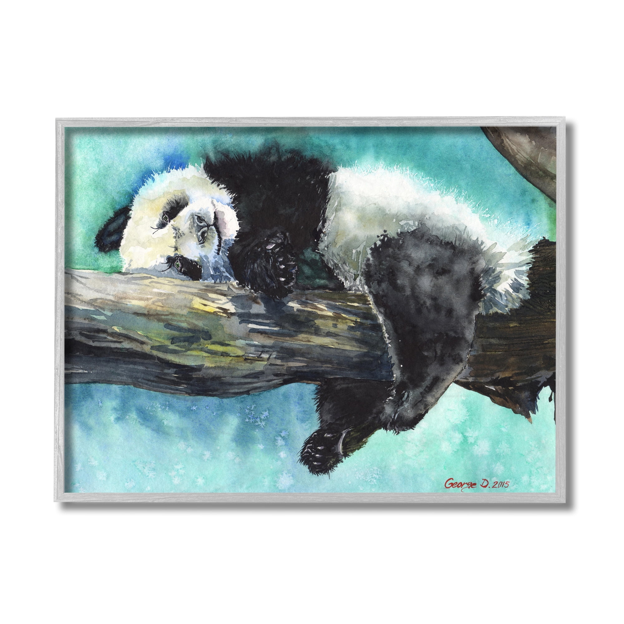 Stupell Industries Sleepy Baby Panda in Tree over Vibrant Blue Animals & Insects Painting Gray Framed Art Print Wall Art, 11 x 14