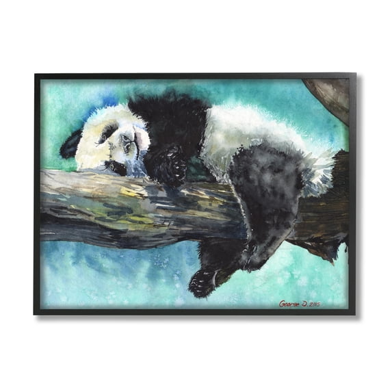 Stupell Industries Sleepy Baby Panda in Tree over Vibrant Blue Black Framed, 11 x 14, Design by George Dyachenko
