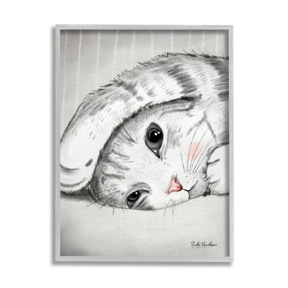 Stupell Industries Sleepy Cat Portrait Animals & Insects Painting Gray Framed Art Print Wall Art, 11 x 14