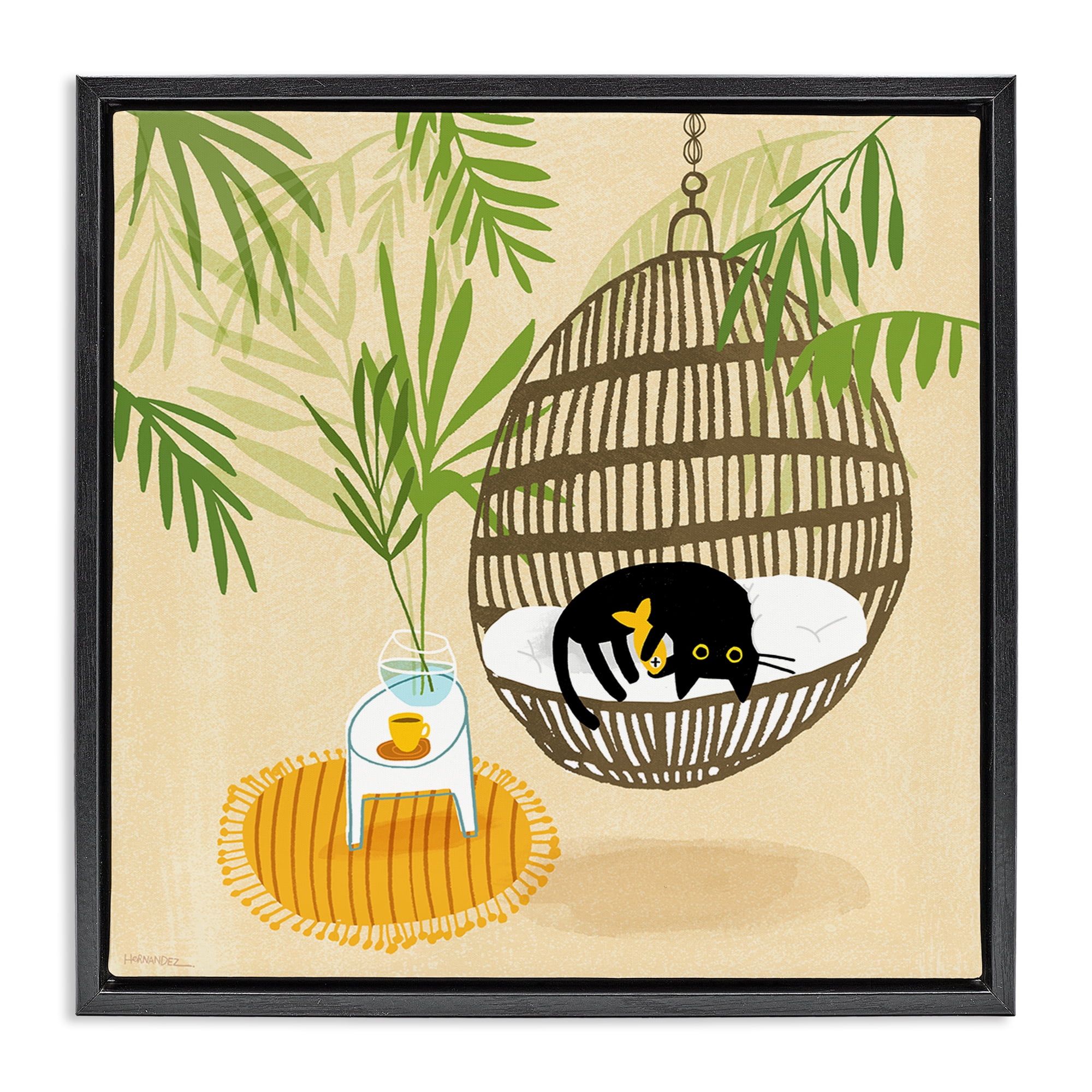 Stupell Industries Sleepy Cats on Porch Swing Animals Painting Black Floater Framed Canvas Art Print Wall Art, 18 x 18