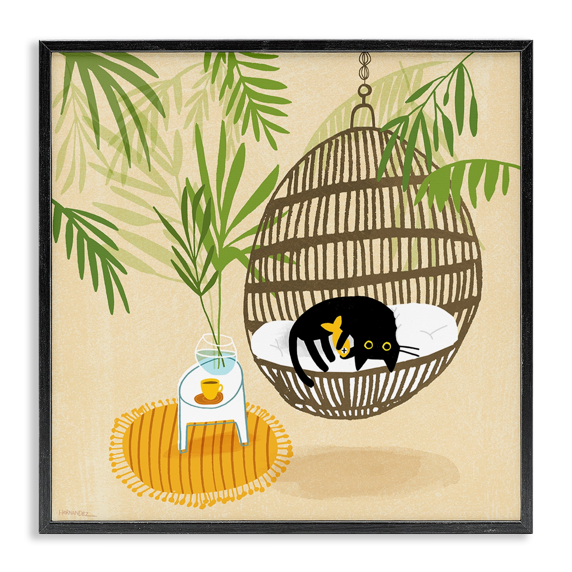 Stupell Industries Sleepy Cats on Porch Swing Animals Painting Black Framed Art Print Wall Art, 24 x 24