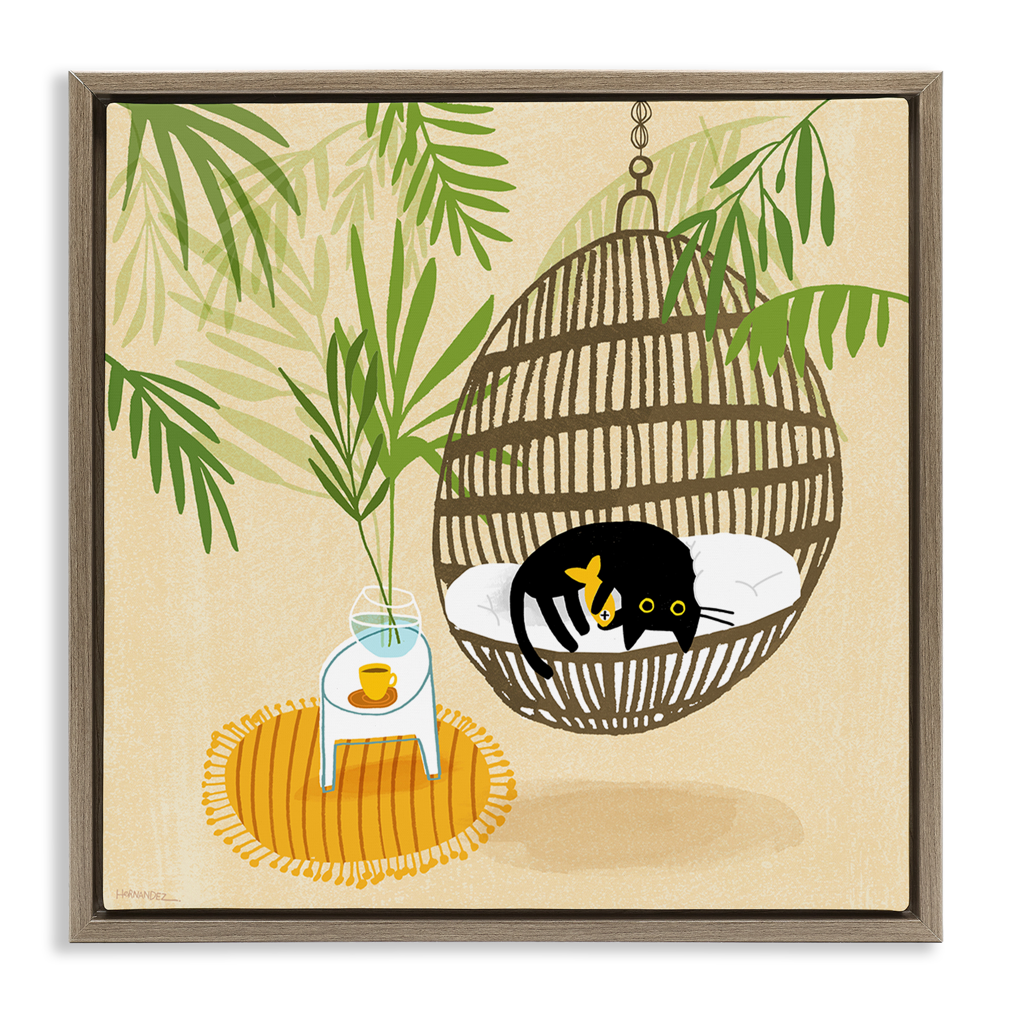 Stupell Industries Sleepy Cats on Porch Swing Animals Painting Brown Floater Framed Canvas Art Print Wall Art, 18 x 18