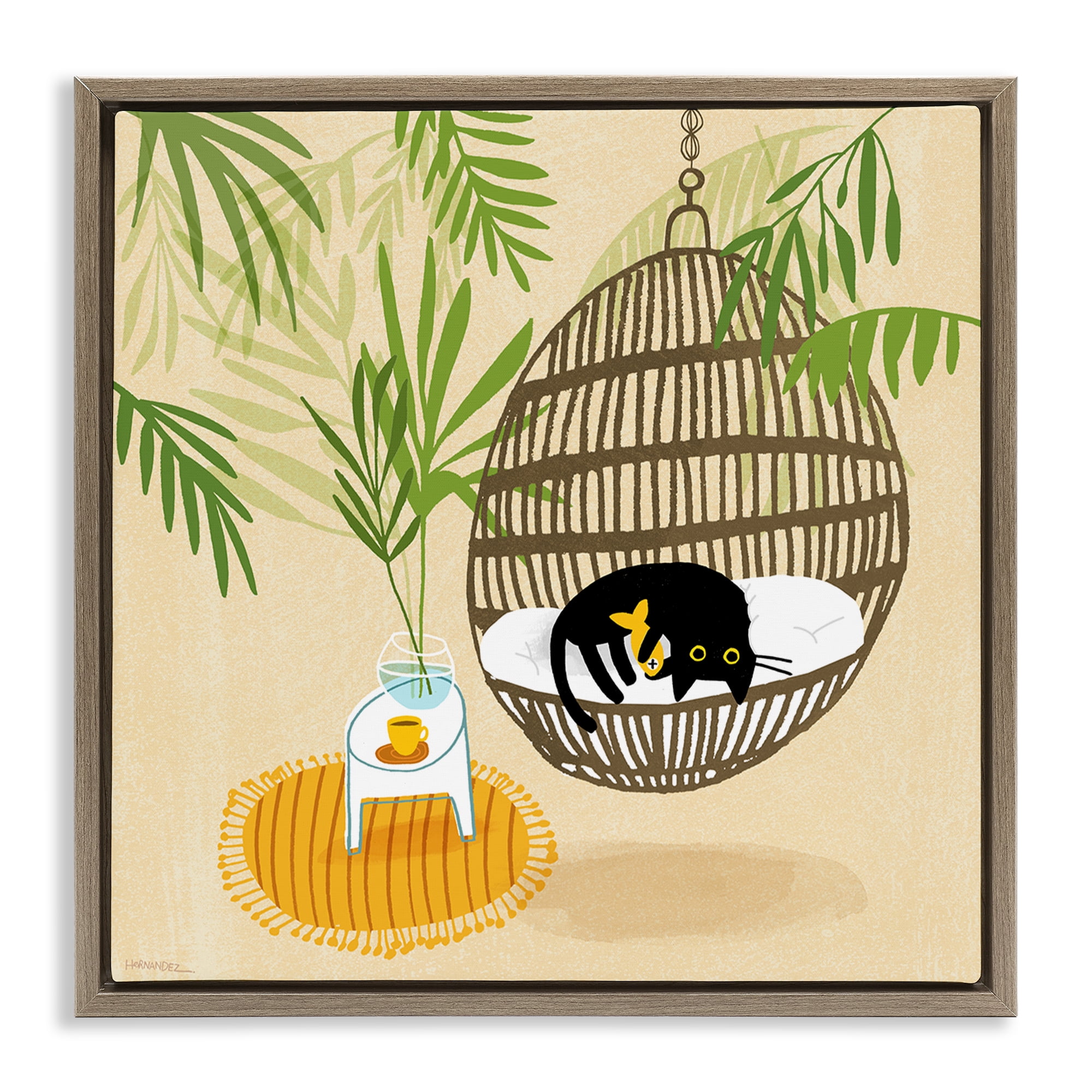 Stupell Industries Sleepy Cats on Porch Swing Animals Painting Brown Floater Framed Canvas Art Print Wall Art, 25 x 25