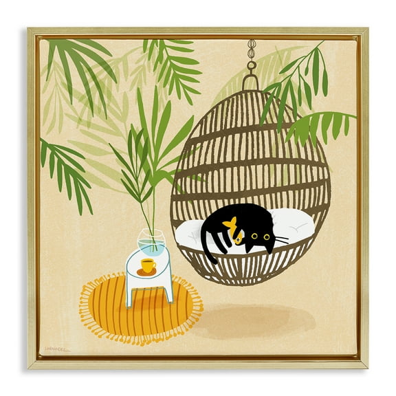 Stupell Industries Sleepy Cats on Porch Swing Animals Painting Gold Floater Framed Canvas Art Print Wall Art, 18 x 18