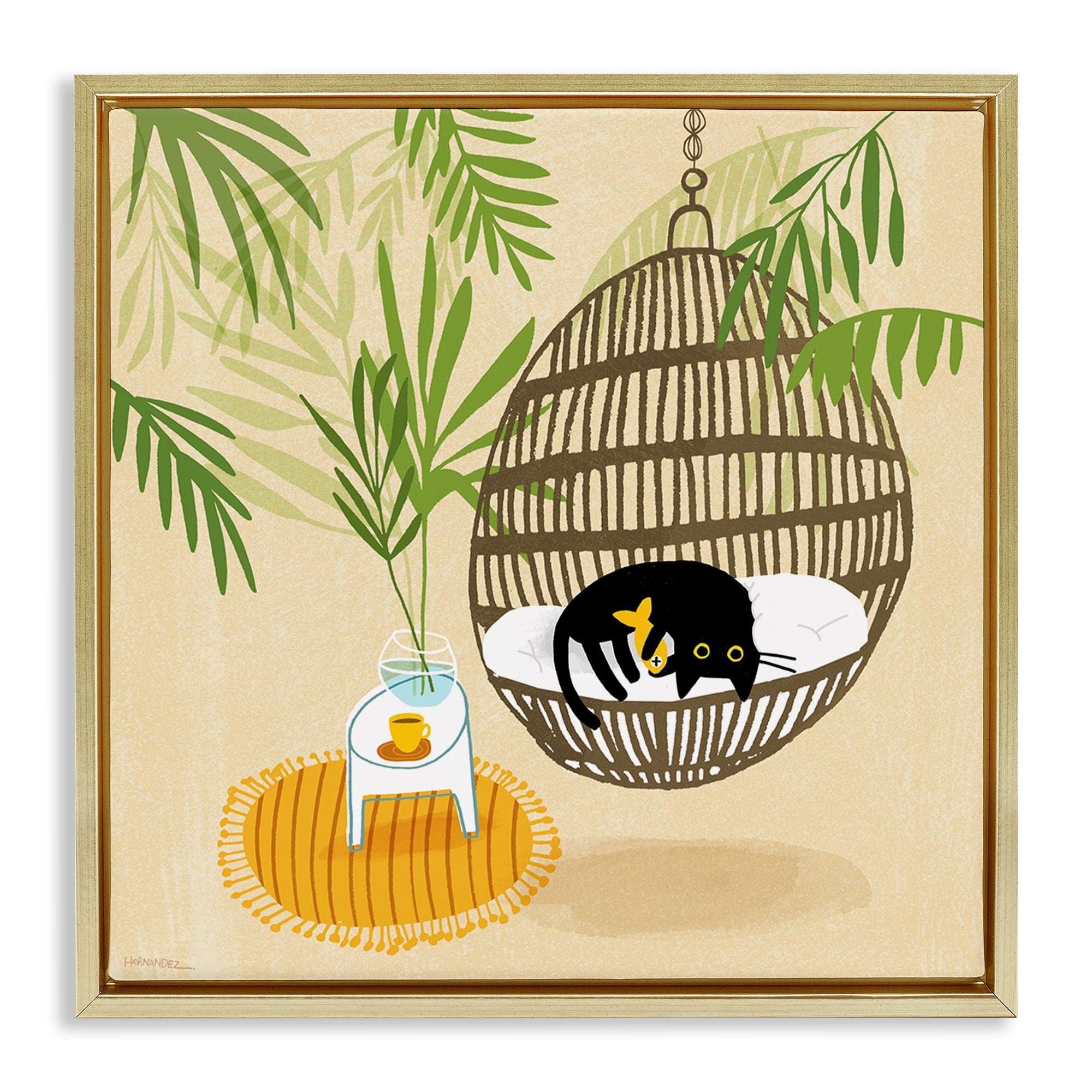 Stupell Industries Sleepy Cats on Porch Swing Animals Painting Gold Floater Framed Canvas Art Print Wall Art, 25 x 25